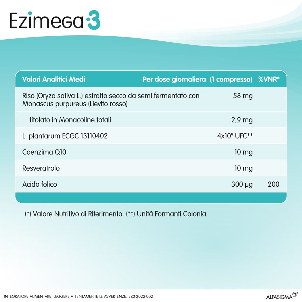 Tabella con informazioni nutrizionali Ezimega 3. Ingredienti, dosaggio, %VNR.