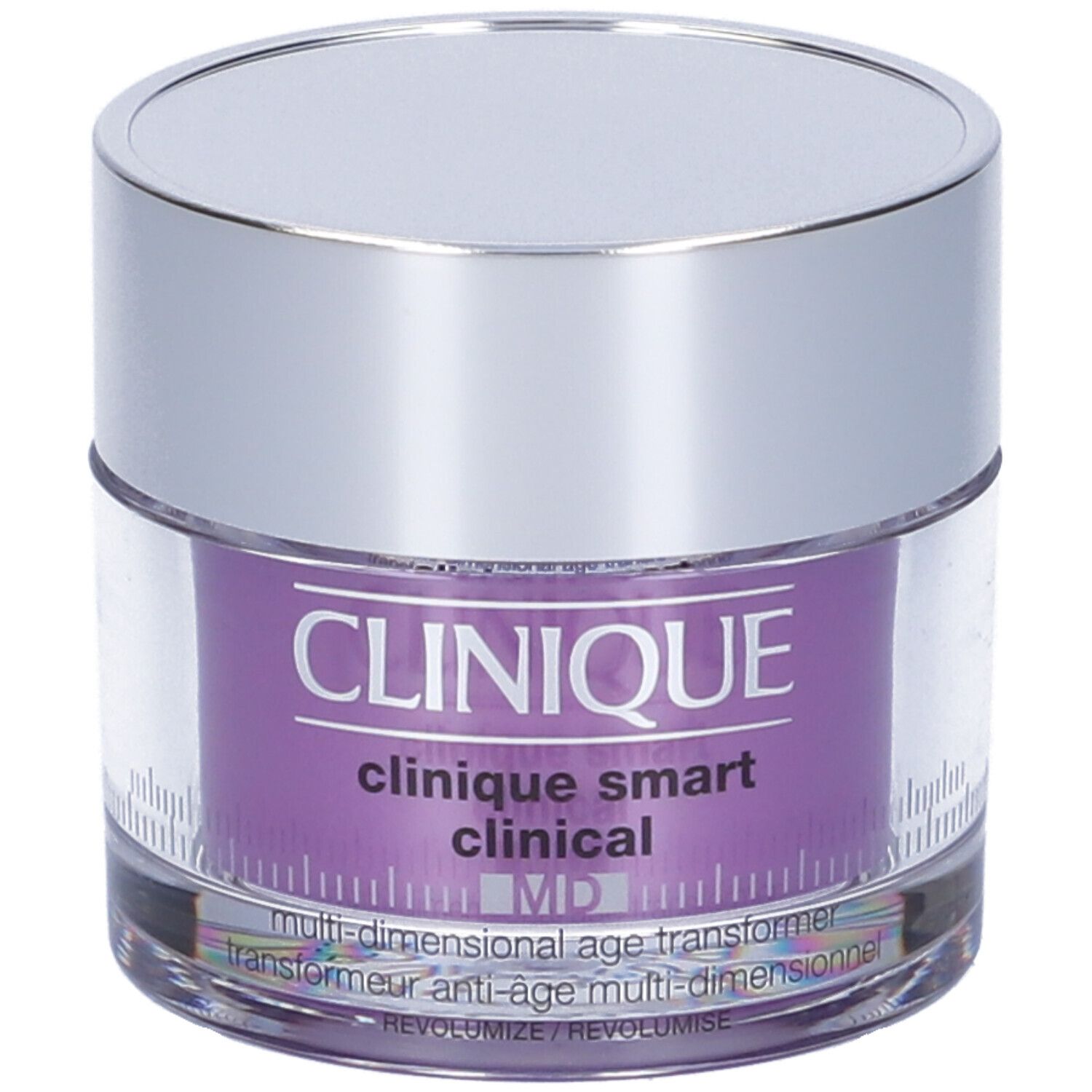 Vaso di crema con coperchio argentato. L'etichetta viola indica Clinique Smart Clinical MD.