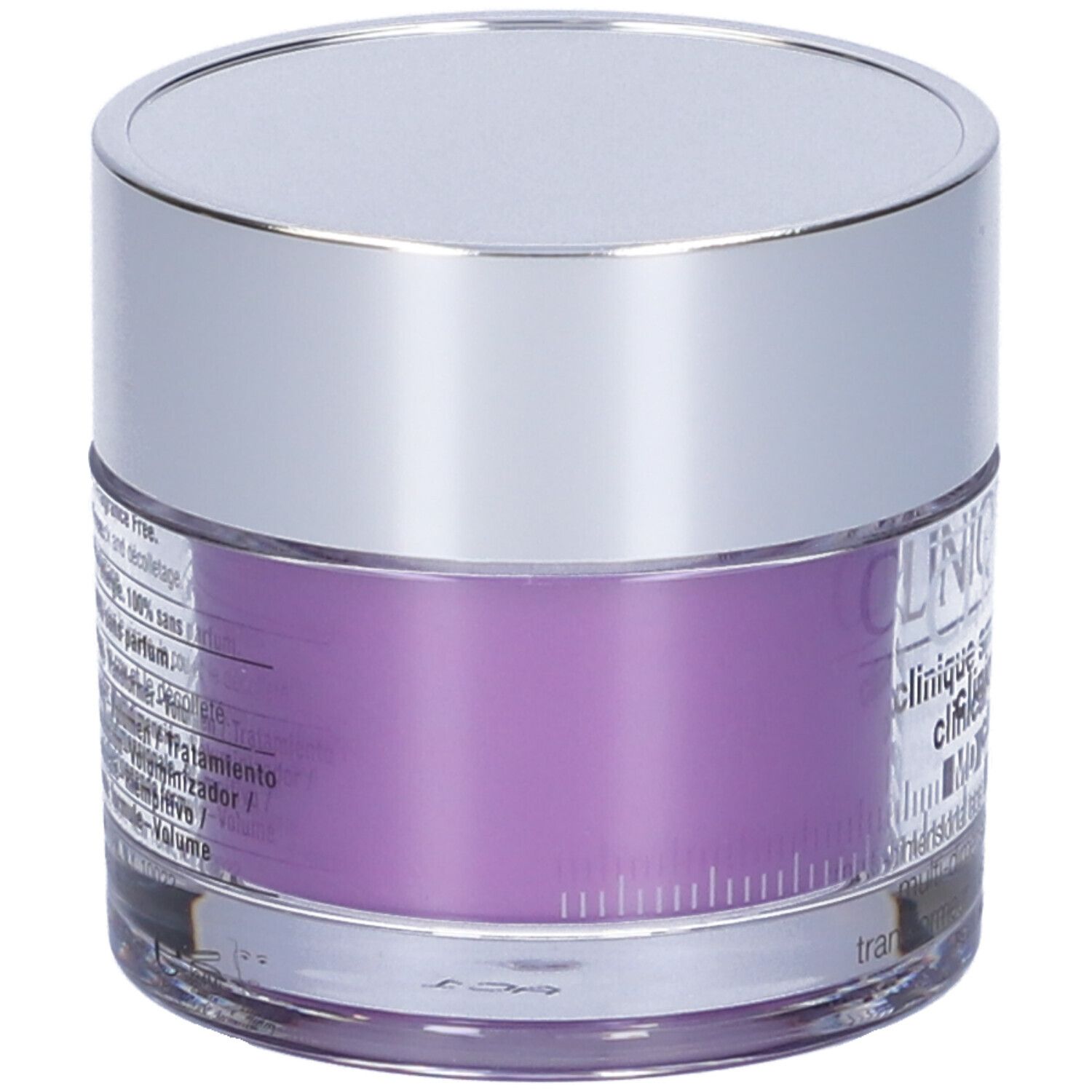 Vaso di crema con coperchio argentato. Etichetta viola con testo. Vista posteriore.