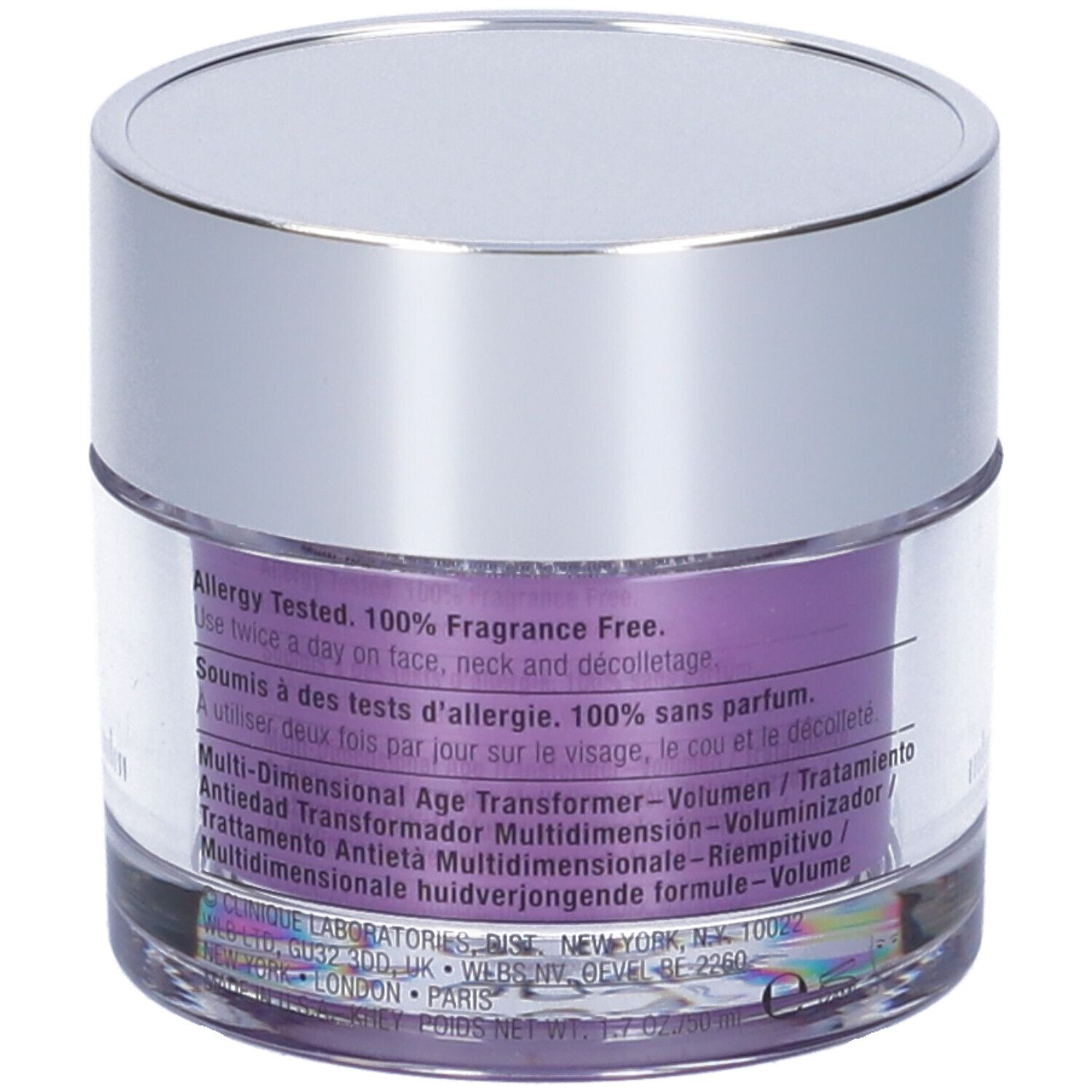 Vaso di crema con coperchio argentato. Etichetta viola con testo. Vista posteriore.