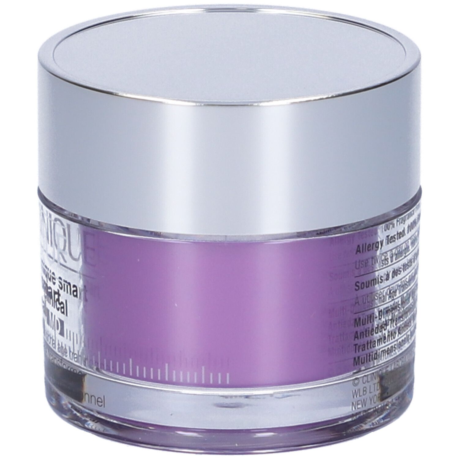 Vaso di crema con coperchio argentato. Etichetta viola con testo. Vista posteriore.