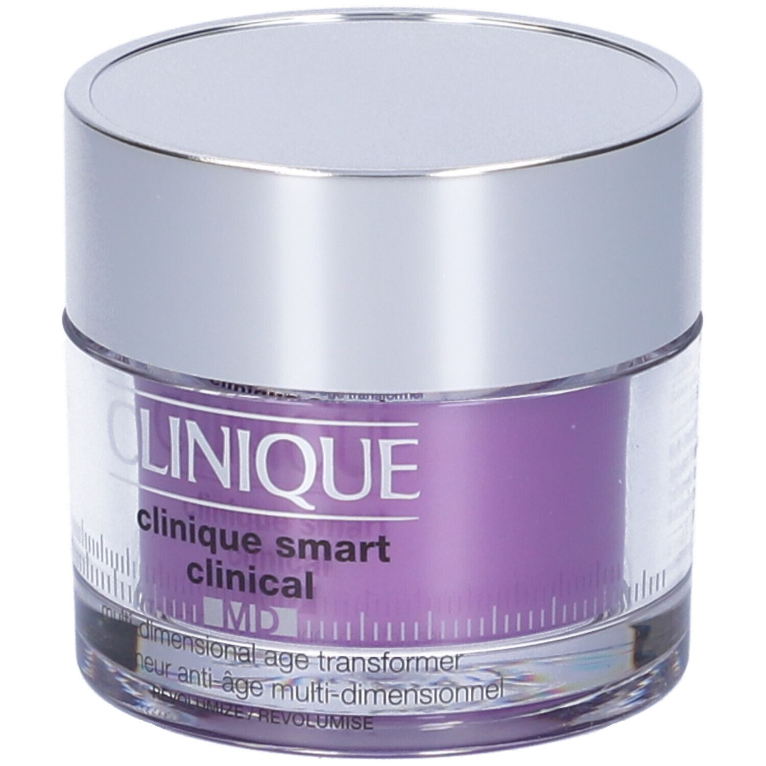 Vaso di crema con coperchio argentato. L'etichetta viola indica Clinique Smart Clinical MD.
