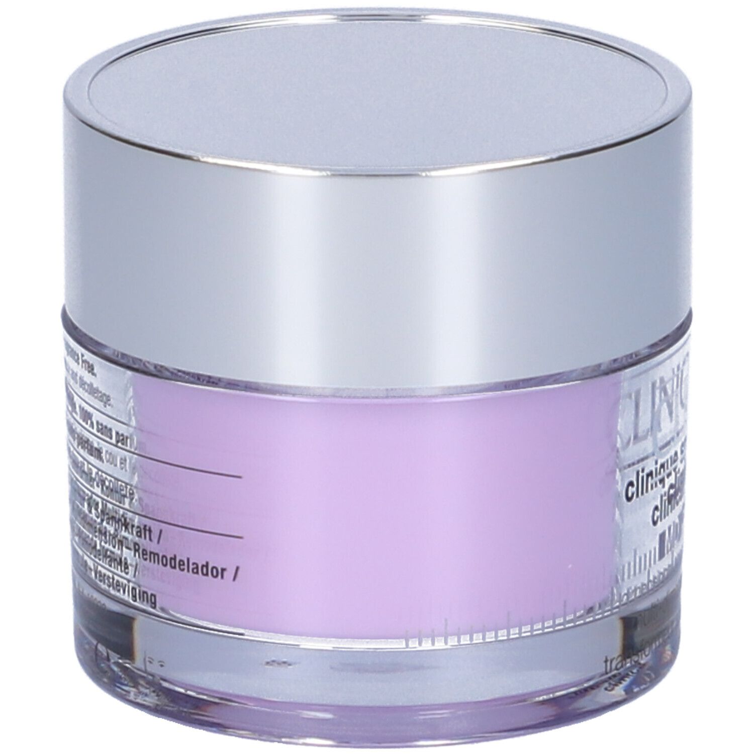 Vaso di crema con coperchio argentato. Contenuto viola. Scritta: CLINIQUE. Testo sul retro.