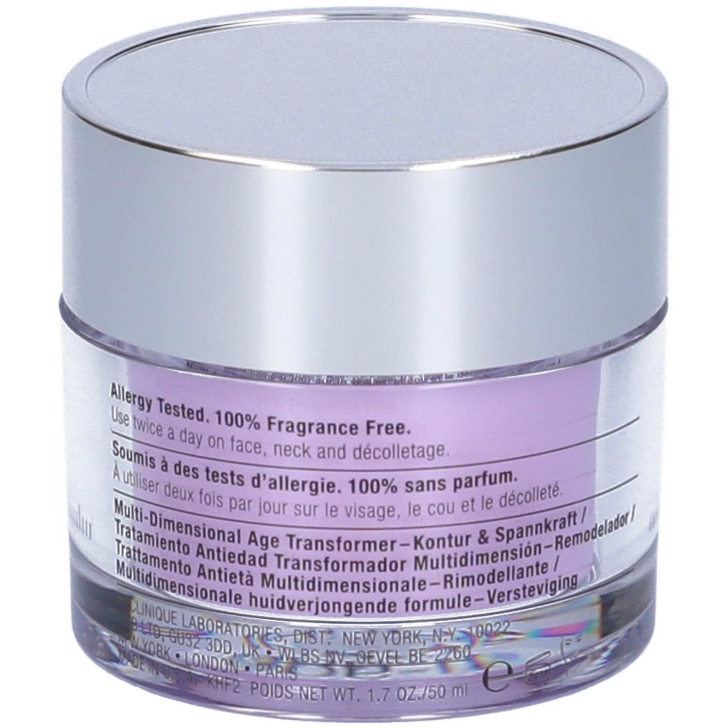 Vaso di crema con coperchio argentato. Contenuto viola. Testo sul retro: Allergy Tested. 100% Fragrance Free.