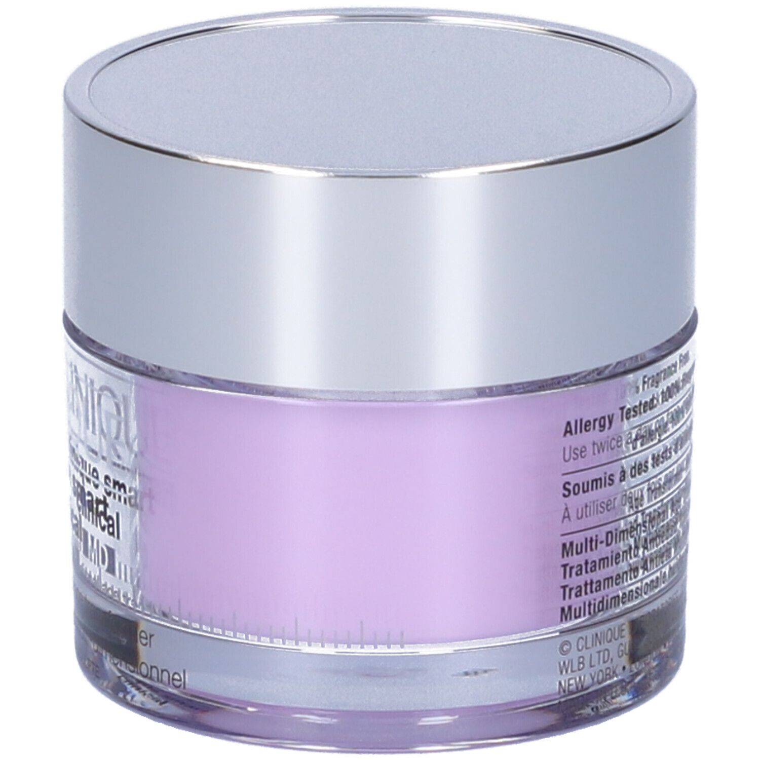 Vaso di crema con coperchio argentato. Contenuto viola. Scritta: CLINIQUE, clinique smart clinical. Testo sul retro.