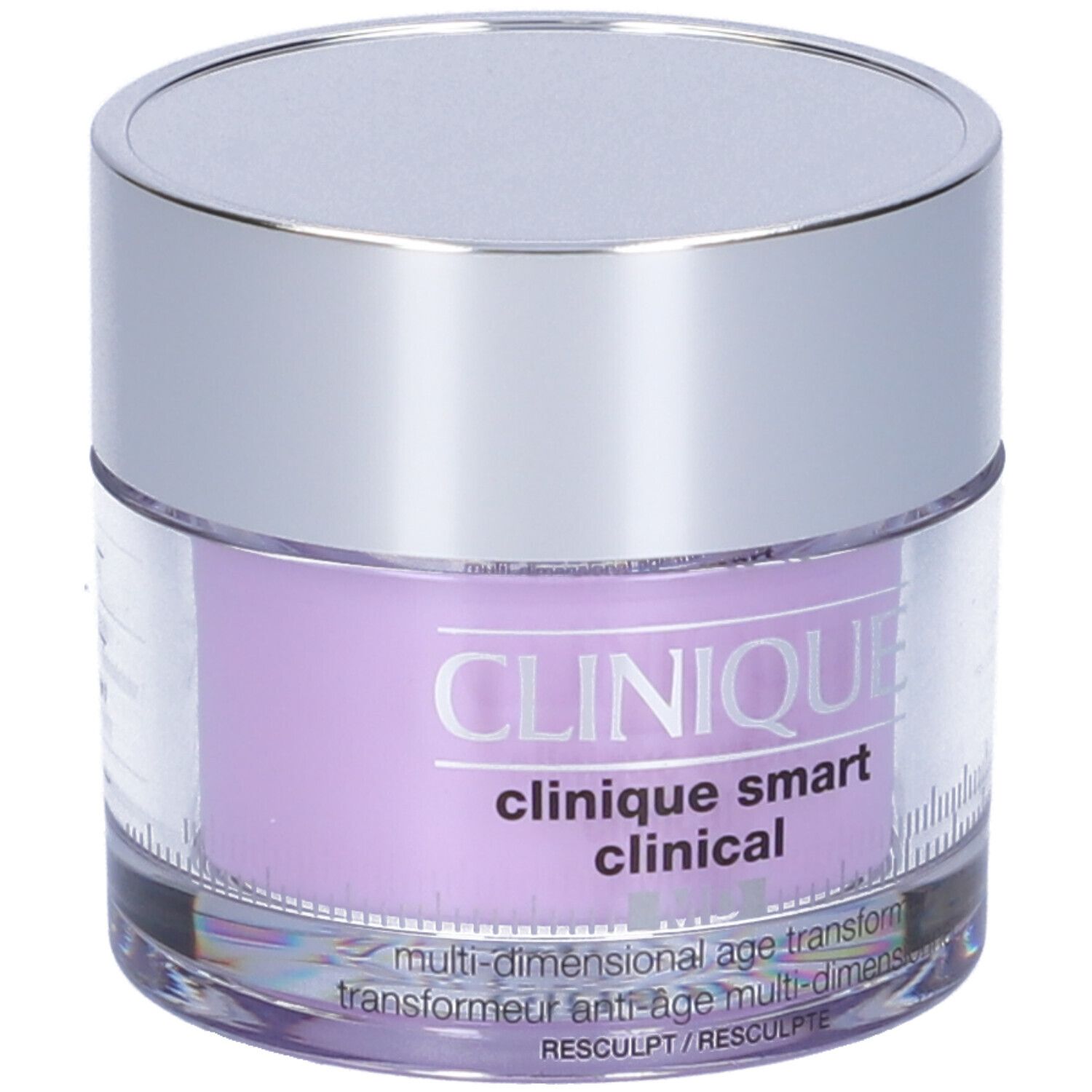 Vaso di crema con coperchio argentato e contenuto viola. Scritta: CLINIQUE, clinique smart clinical, multi-dimensional age transformer.