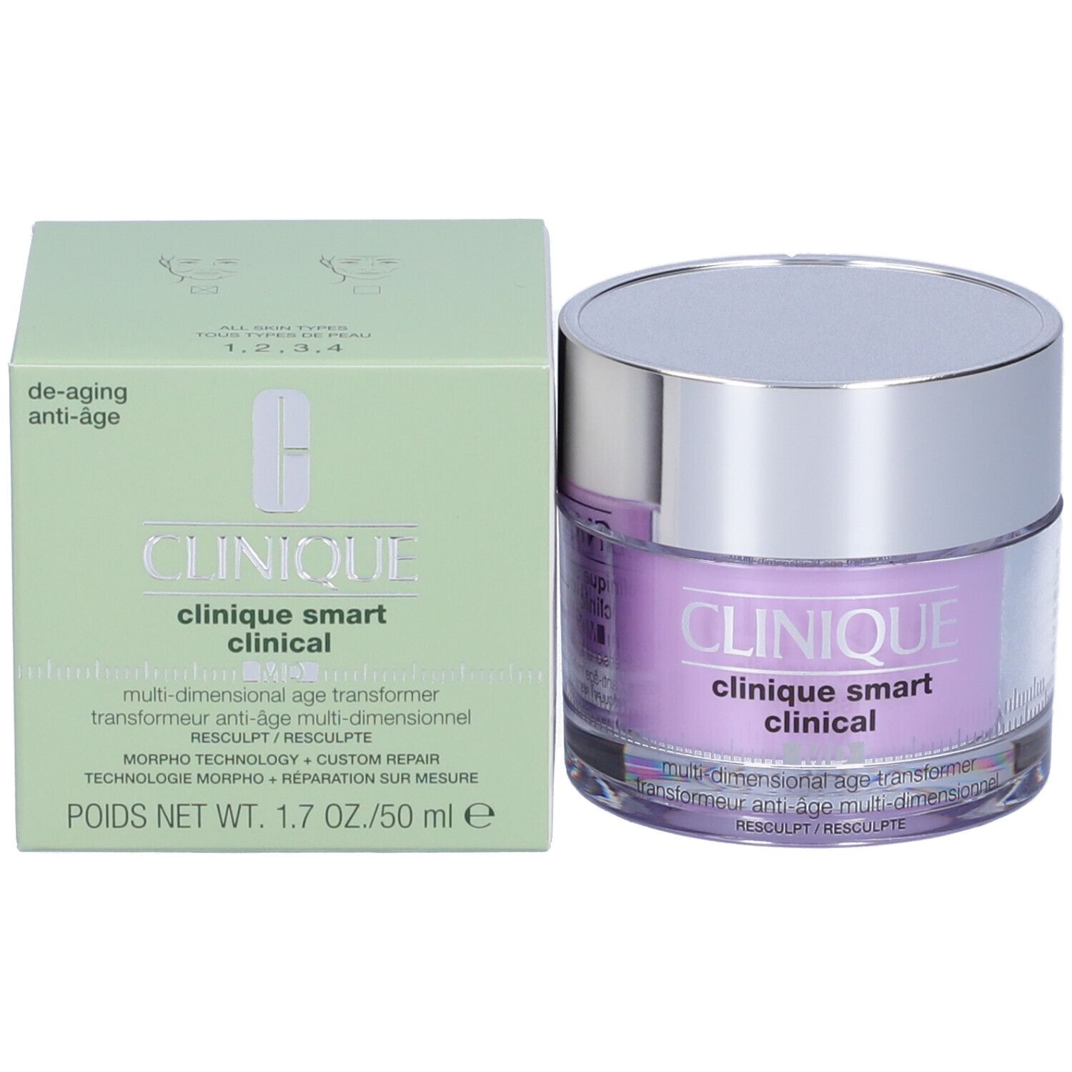 Vaso di crema e confezione verde. Scritta: CLINIQUE, clinique smart clinical, multi-dimensional age transformer. 1.7 OZ./50 ml e.