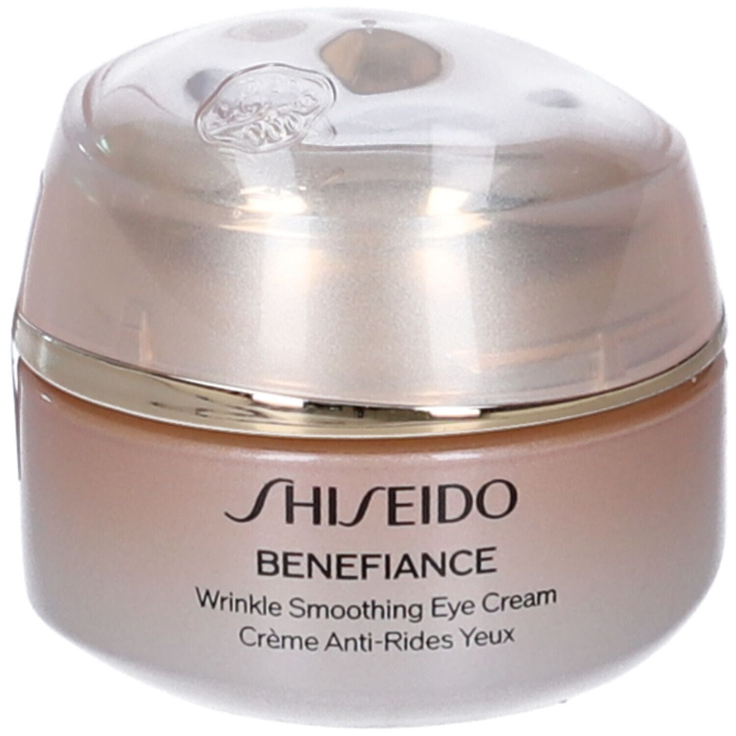 Vaso di crema con coperchio. Scritta: SHISEIDO BENEFICANCE Wrinkle Smoothing Eye Cream. Crème Anti-Rides Yeux.