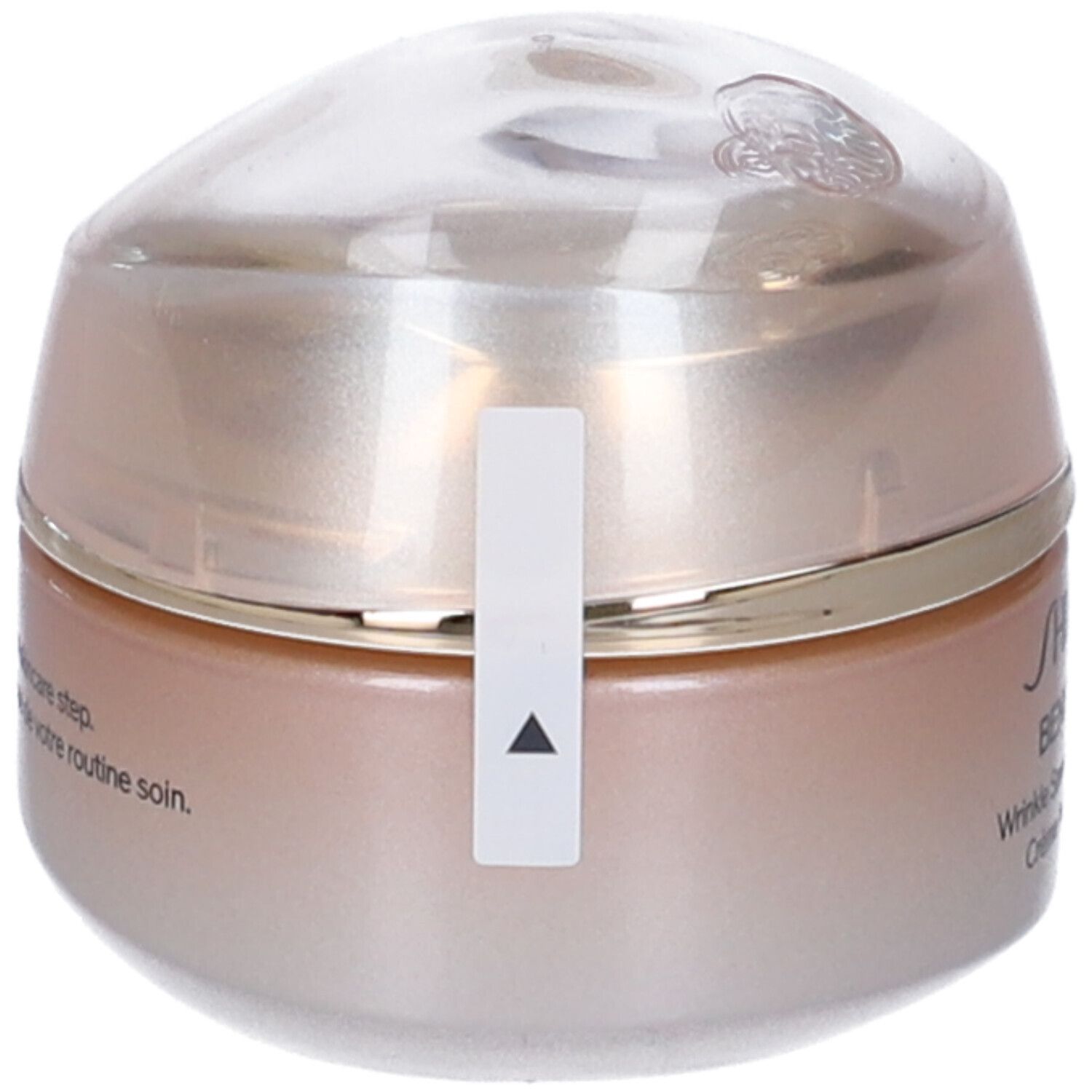 Vaso di crema con coperchio e sigillo. Scritta: SHISEIDO BENEFICANCE. Sigillo con freccia.