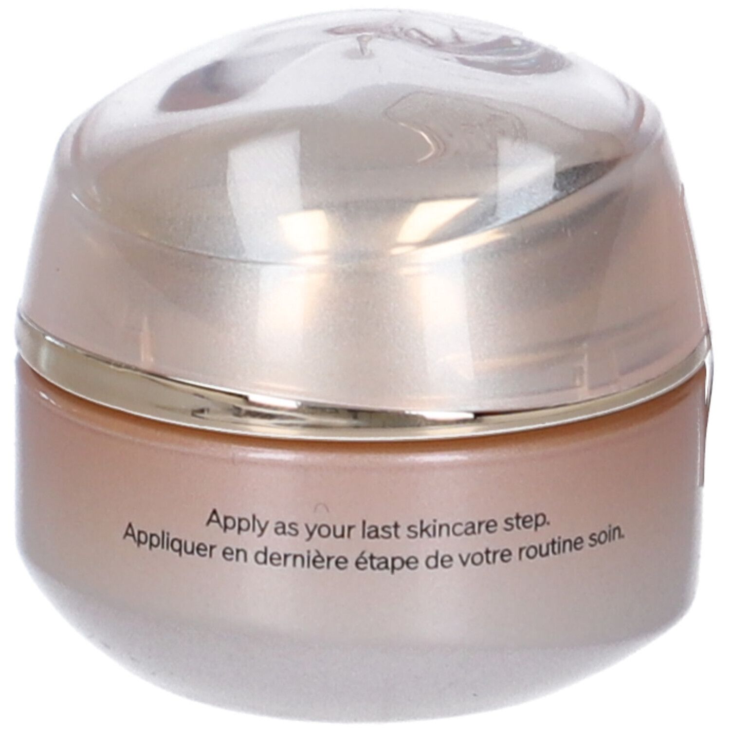 Vaso di crema con coperchio. Scritta: Apply as your last skincare step. Appliquer en dernière étape de votre routine soin.