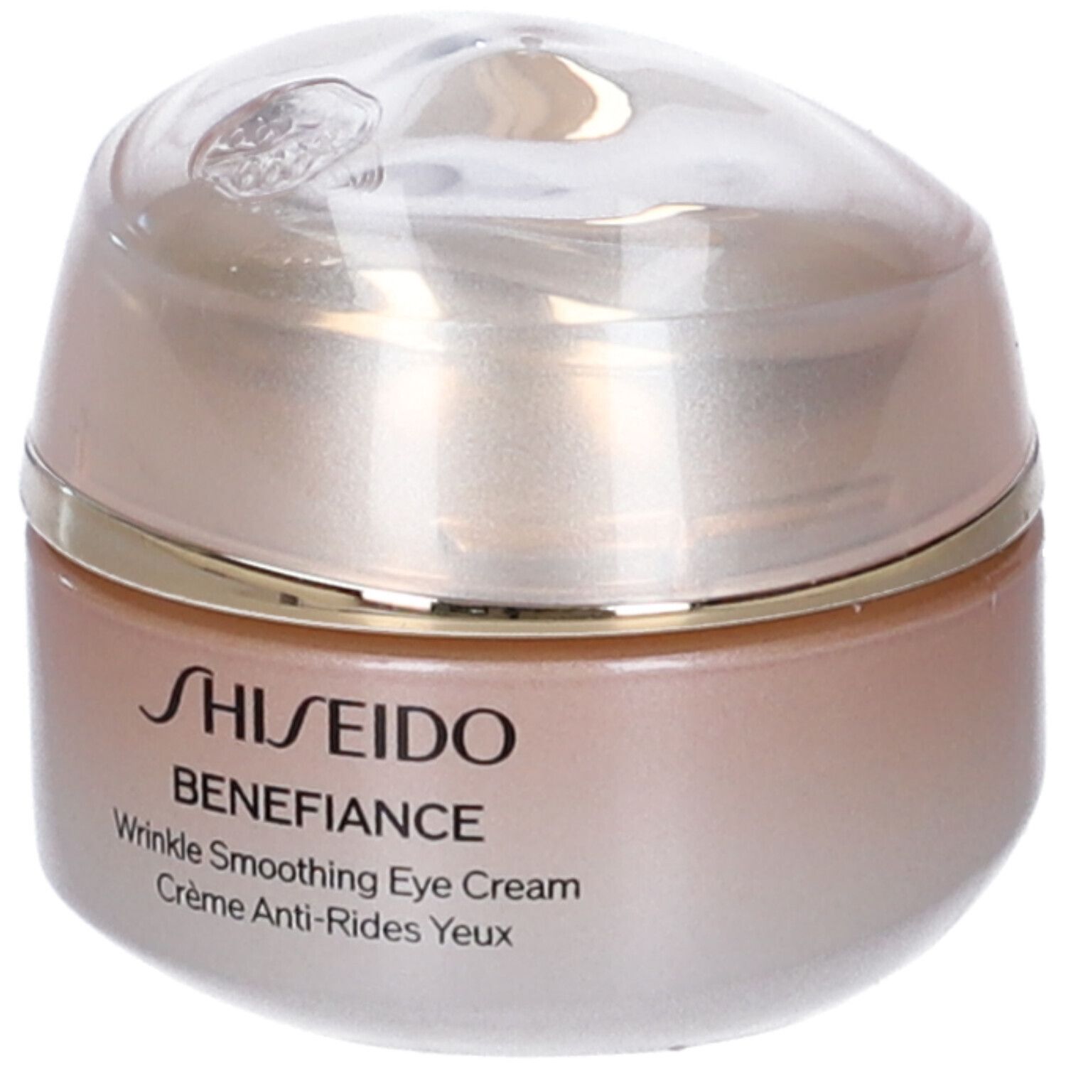 Vaso di crema con coperchio. Scritta: SHISEIDO BENEFICANCE Wrinkle Smoothing Eye Cream. Crème Anti-Rides Yeux.
