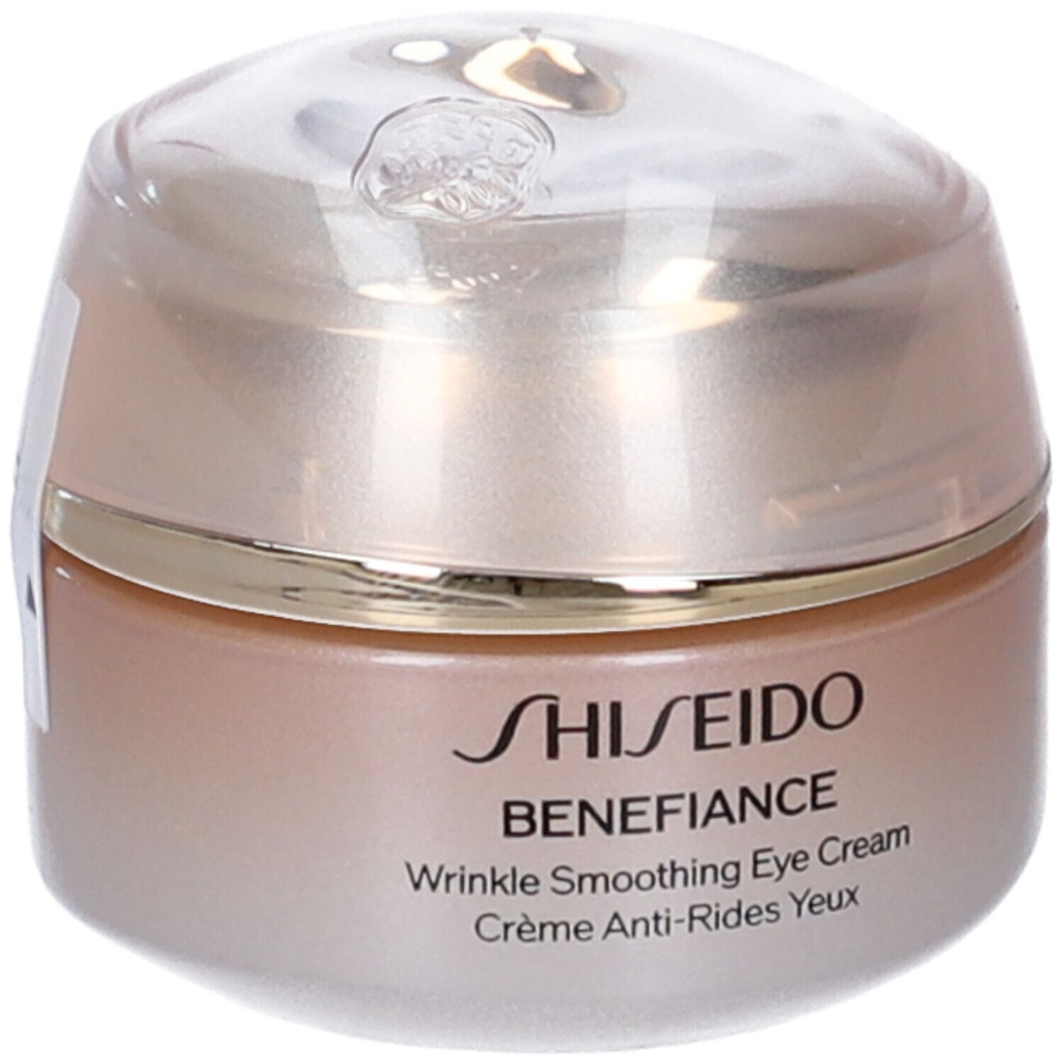 Vaso di crema con coperchio. Scritta: SHISEIDO BENEFICANCE Wrinkle Smoothing Eye Cream. Crème Anti-Rides Yeux. Sigillo.