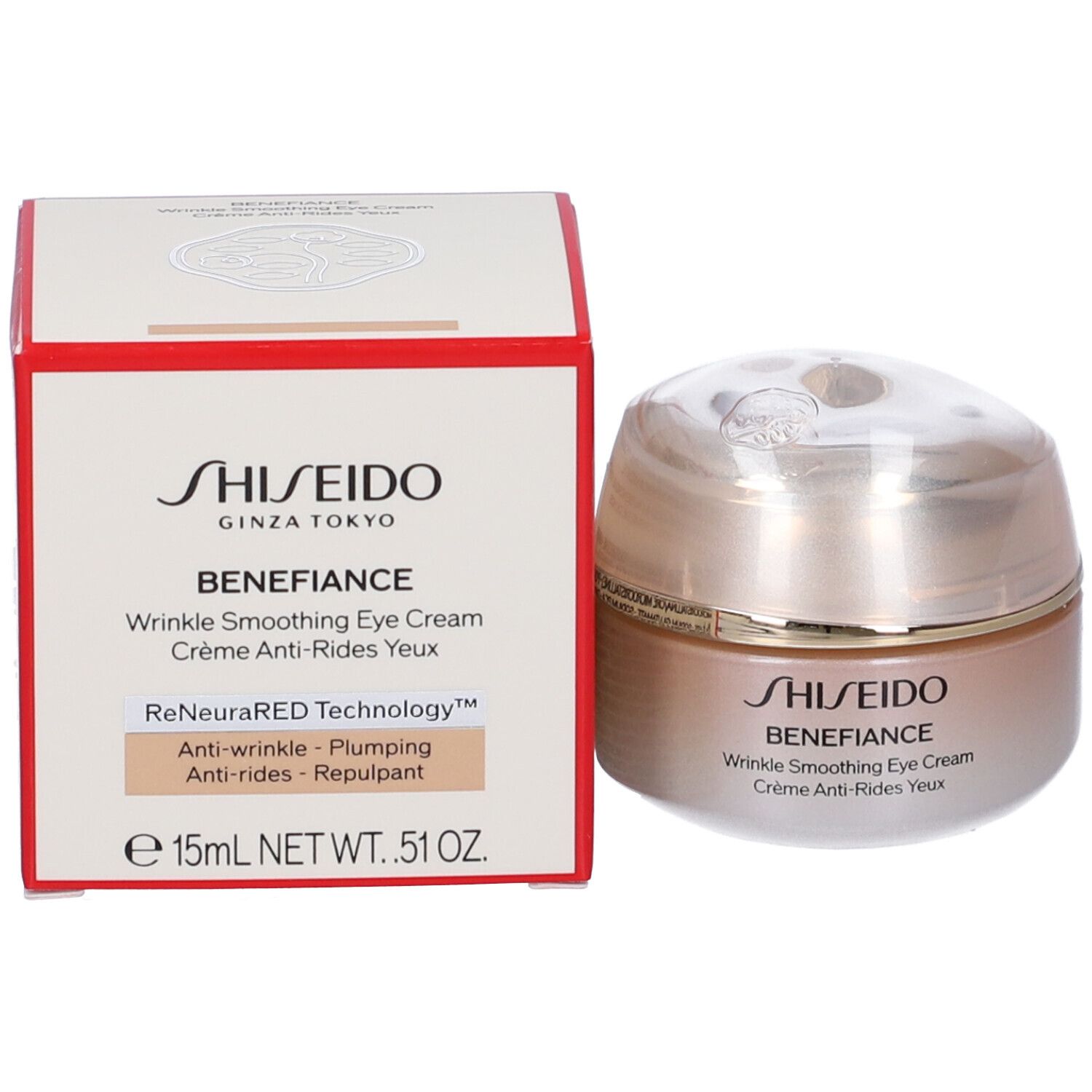 Vaso di crema e scatola. Scritta: SHISEIDO BENEFICANCE Wrinkle Smoothing Eye Cream. ReNeuraRED Technology. 15ml.