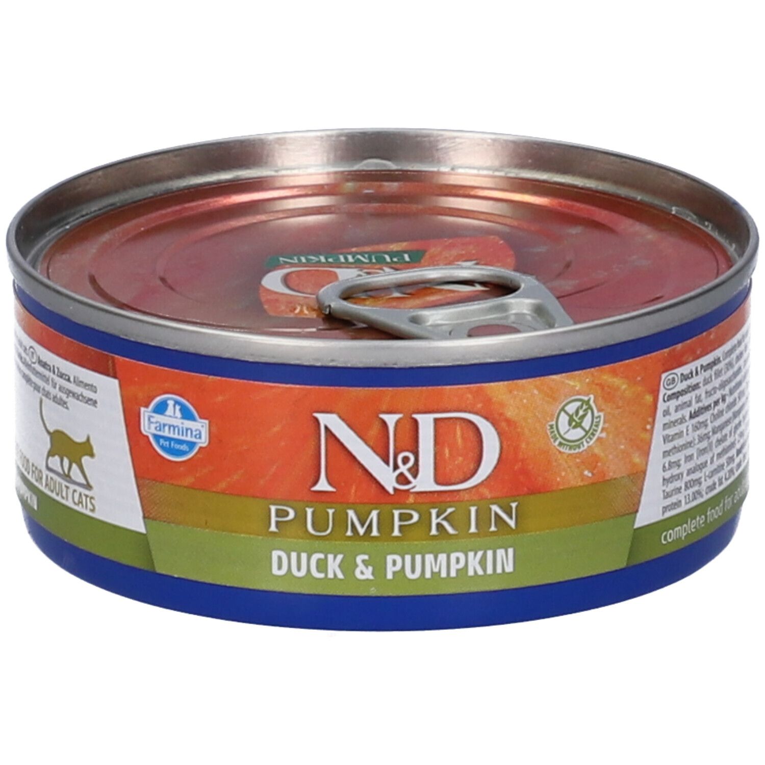 Runde Dose Nassfutter für Katzen. Aufschrift: N&D Pumpkin, Ente & Kürbis. Farmina Logo. Blaue, orange und grüne Farben.