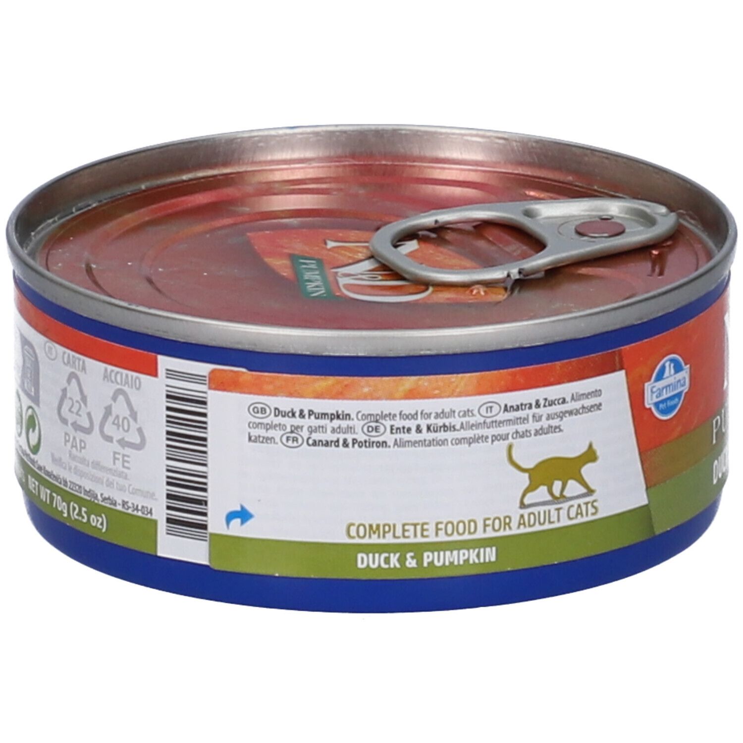 Runde Dose Nassfutter für Katzen. Aufschrift: N&D Pumpkin, Ente & Kürbis. Text in Deutsch, Italienisch, Französisch. Farmina Logo.