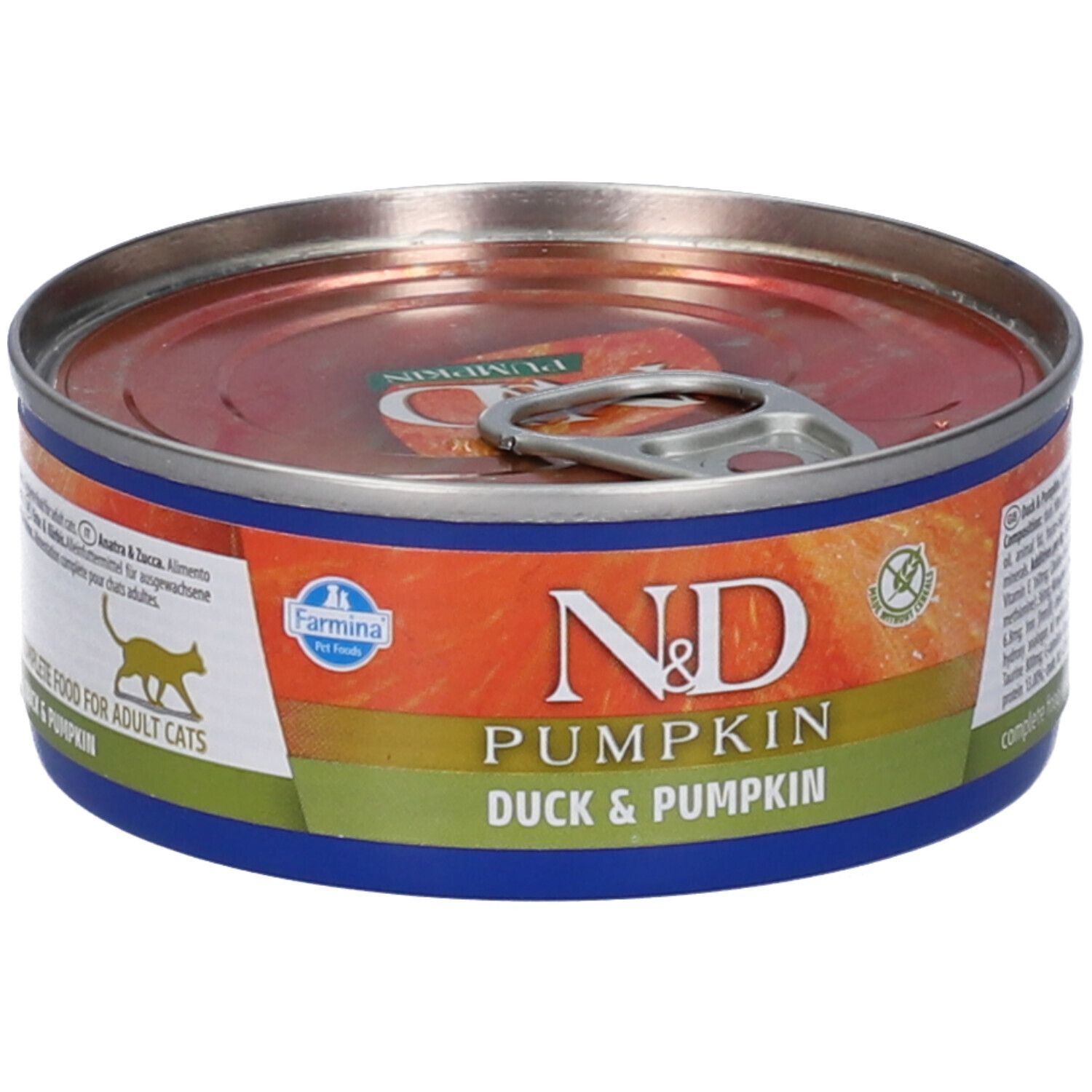 Runde Dose Nassfutter für Katzen. Aufschrift: N&D Pumpkin, Ente & Kürbis. Farmina Logo. Grüne und orangefarbene Streifen.