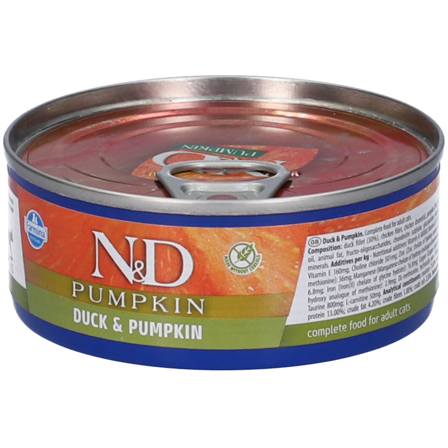 Runde Dose Nassfutter für Katzen. Aufschrift: N&D Pumpkin, Ente & Kürbis. Farmina Logo. Zutatenliste und Nährwertangaben.