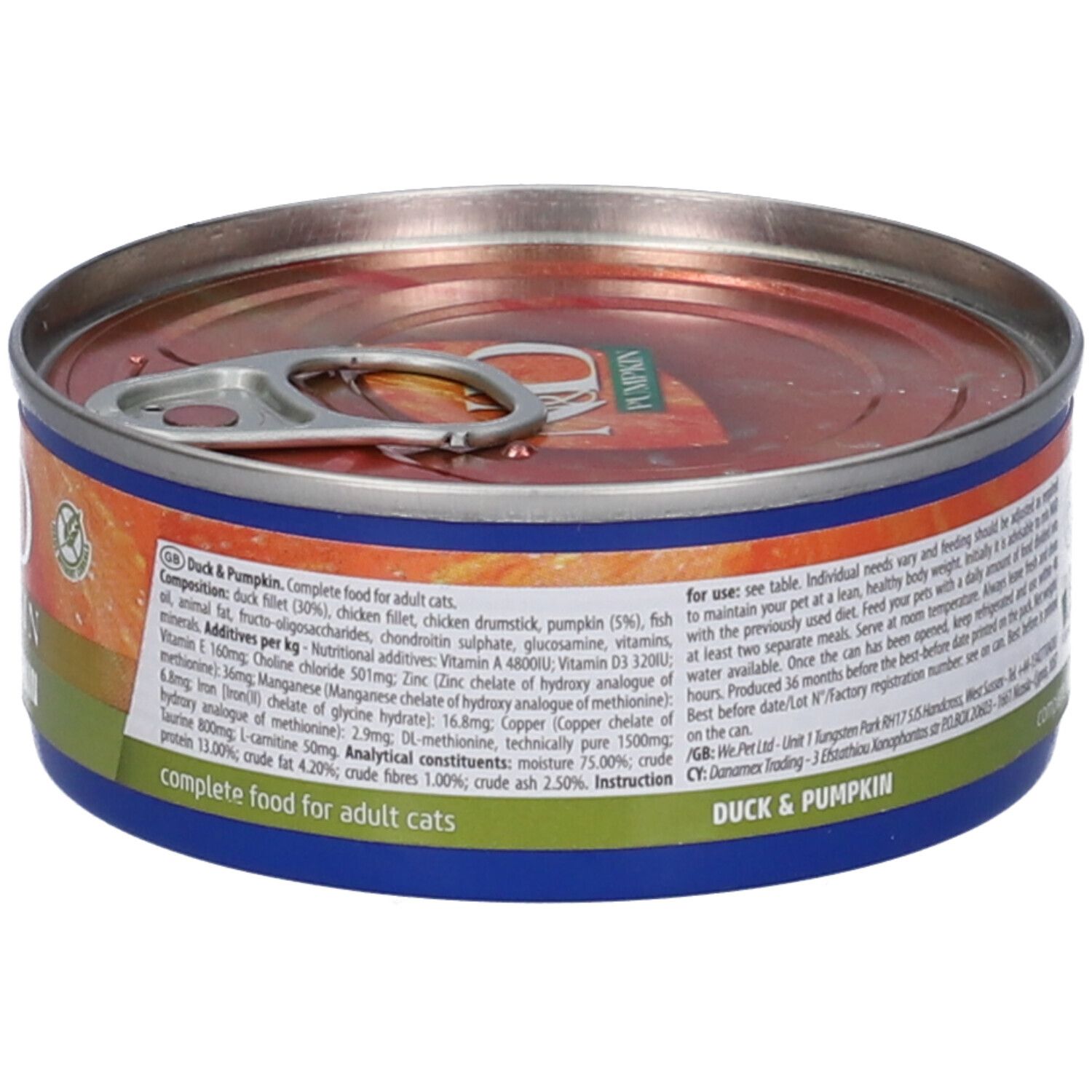 Runde Dose Nassfutter für Katzen. Aufschrift: N&D Pumpkin, Ente & Kürbis. Zutatenliste und Nährwertangaben. Text und Logo Farmina.