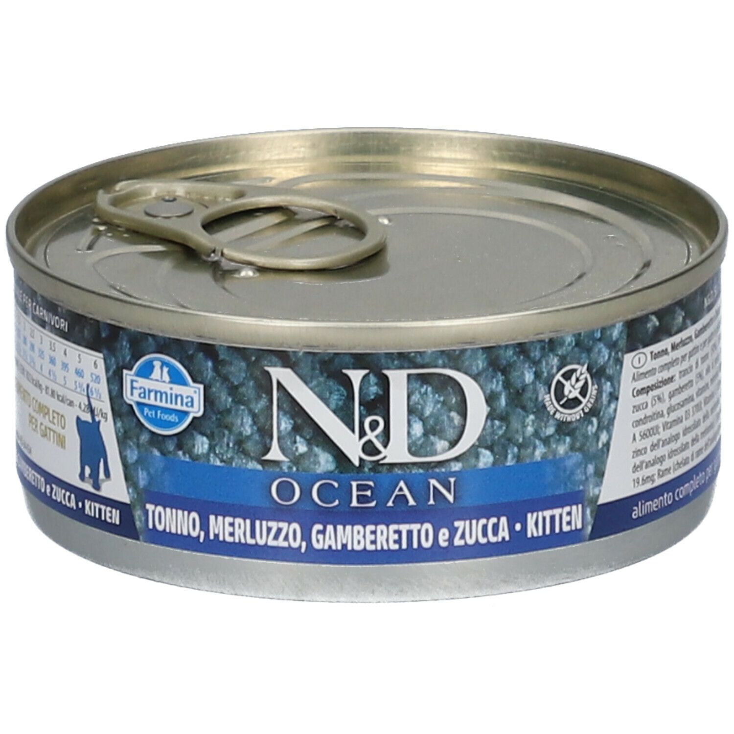 Lattina rotonda di cibo per gatti. Visibili "Farmina N&D Ocean" e "Kitten". Coperchio con linguetta. Blu e argento.