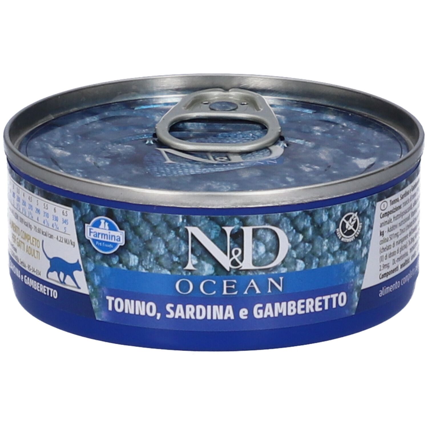 Runde Dose Nassfutter. Blaue und silberne Farben. Aufschrift: N&D OCEAN, Tonno, Sardina e Gamberetto. Farmina Logo.