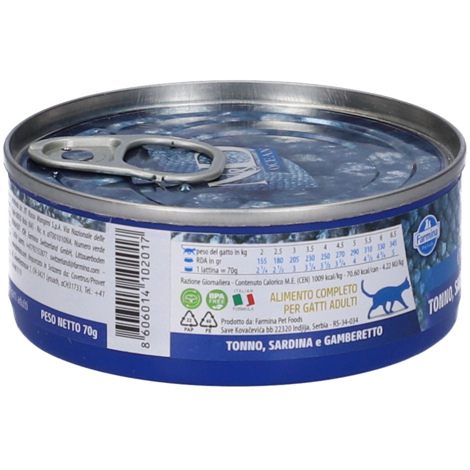Nassfutterdose mit Etikett. Text: Peso Netto 70g. Aufschrift: Tonno, Sardina e Gamberetto. Farmina Logo. Text und Nährwertangaben.