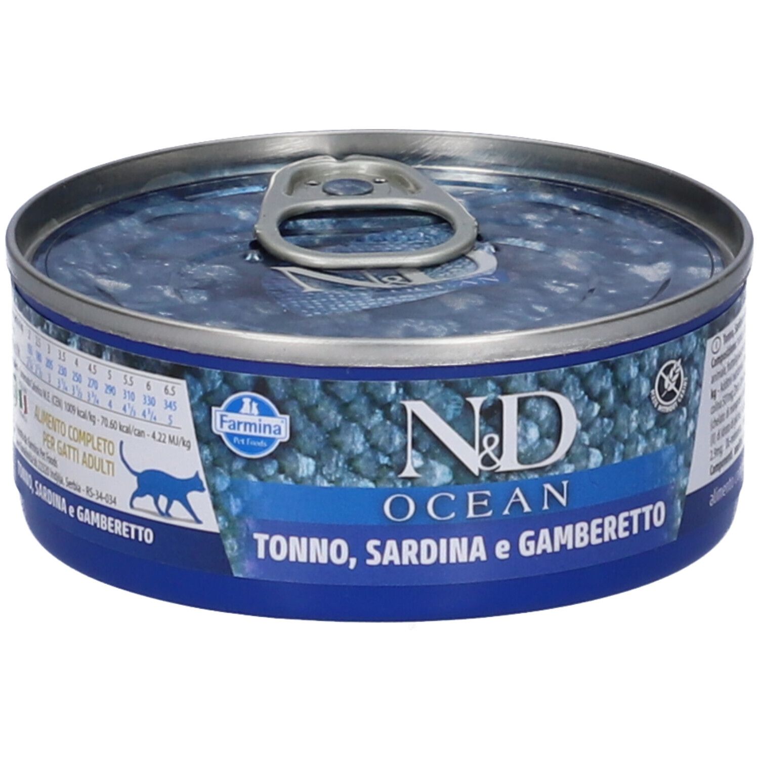 Runde Dose Nassfutter. Blaue und silberne Farben. Aufschrift: N&D OCEAN, Tonno, Sardina e Gamberetto. Farmina Logo.