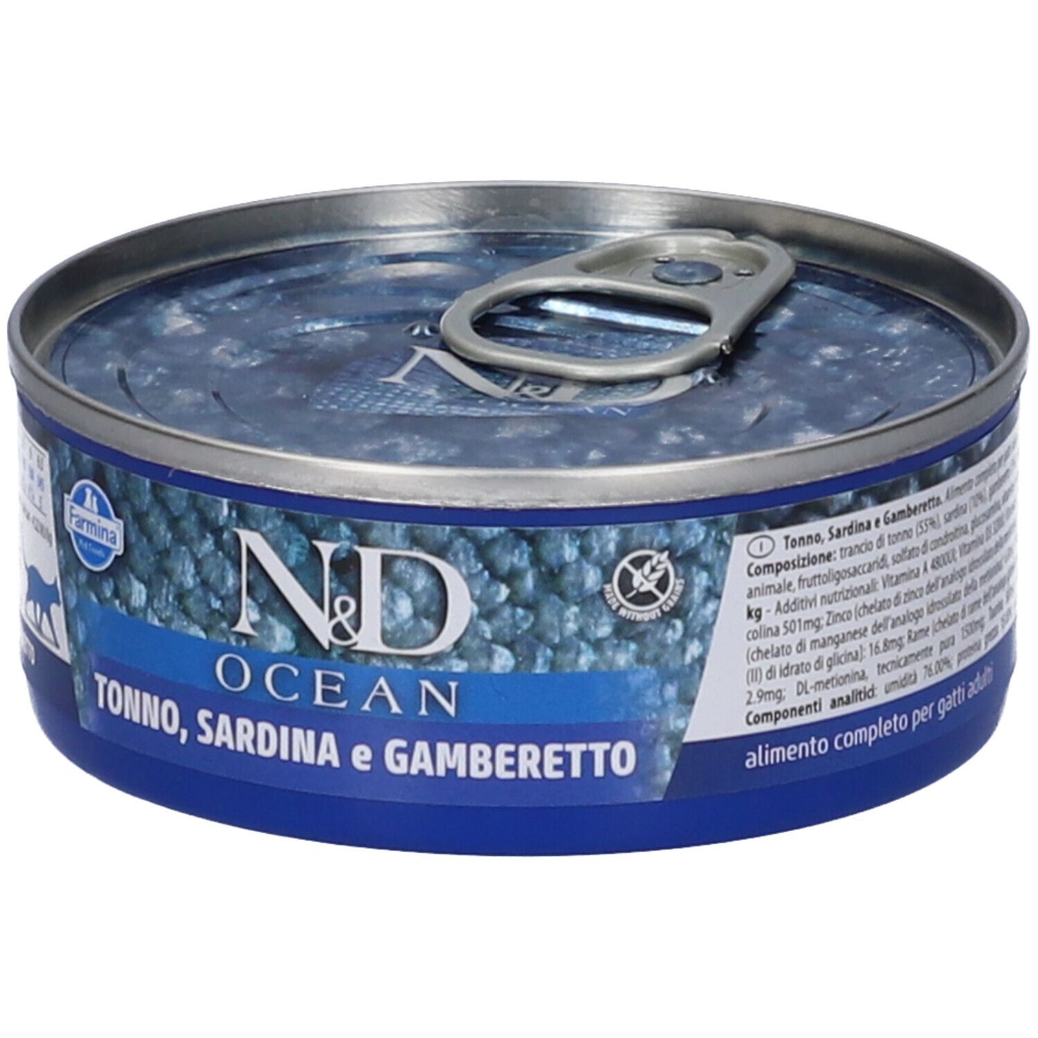 Nassfutterdose. Aufschrift: N&D OCEAN, Tonno, Sardina e Gamberetto. Farmina Logo. Text und Nährwertangaben.