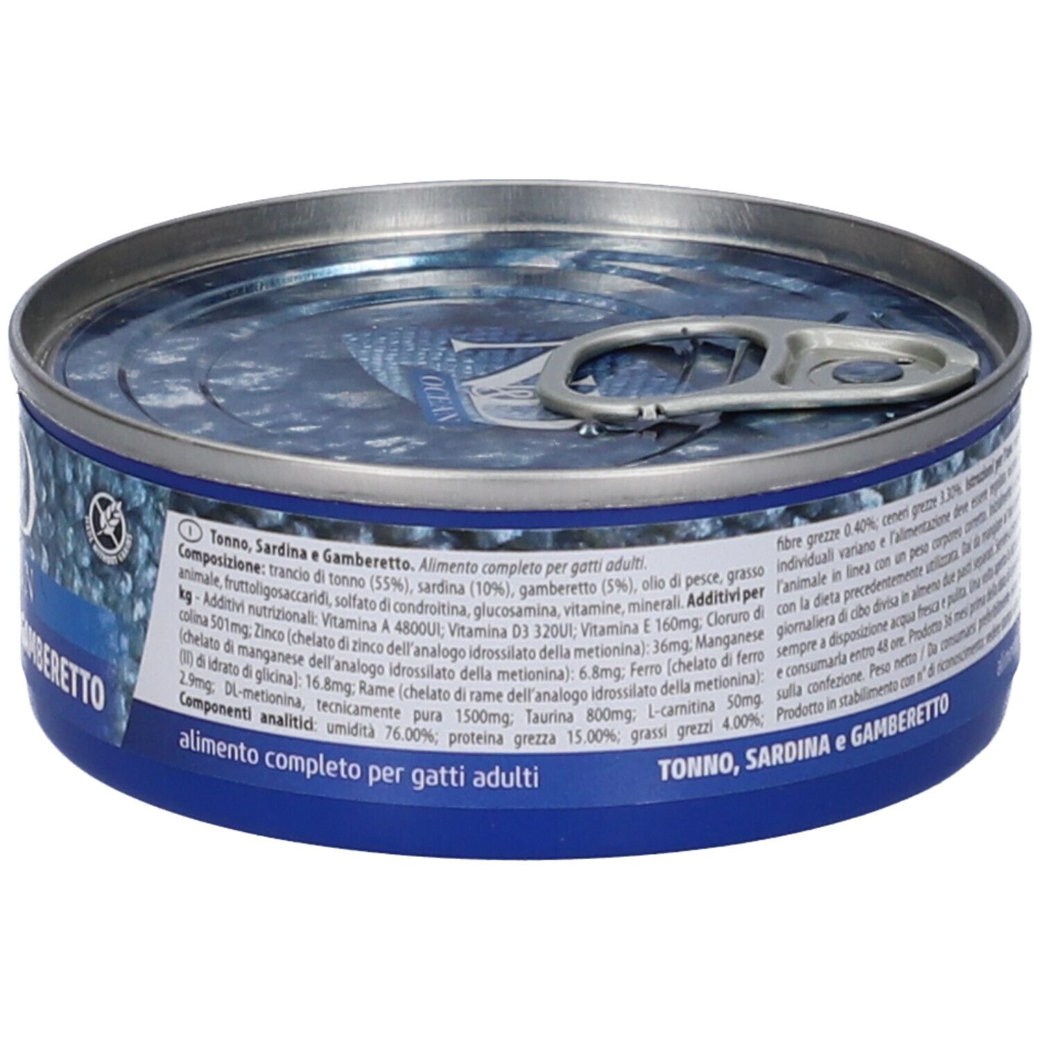 Nassfutterdose. Aufschrift: Tonno, Sardina e Gamberetto. Text und Nährwertangaben. Farmina Logo. Text: alimento completo per gatti adulti.