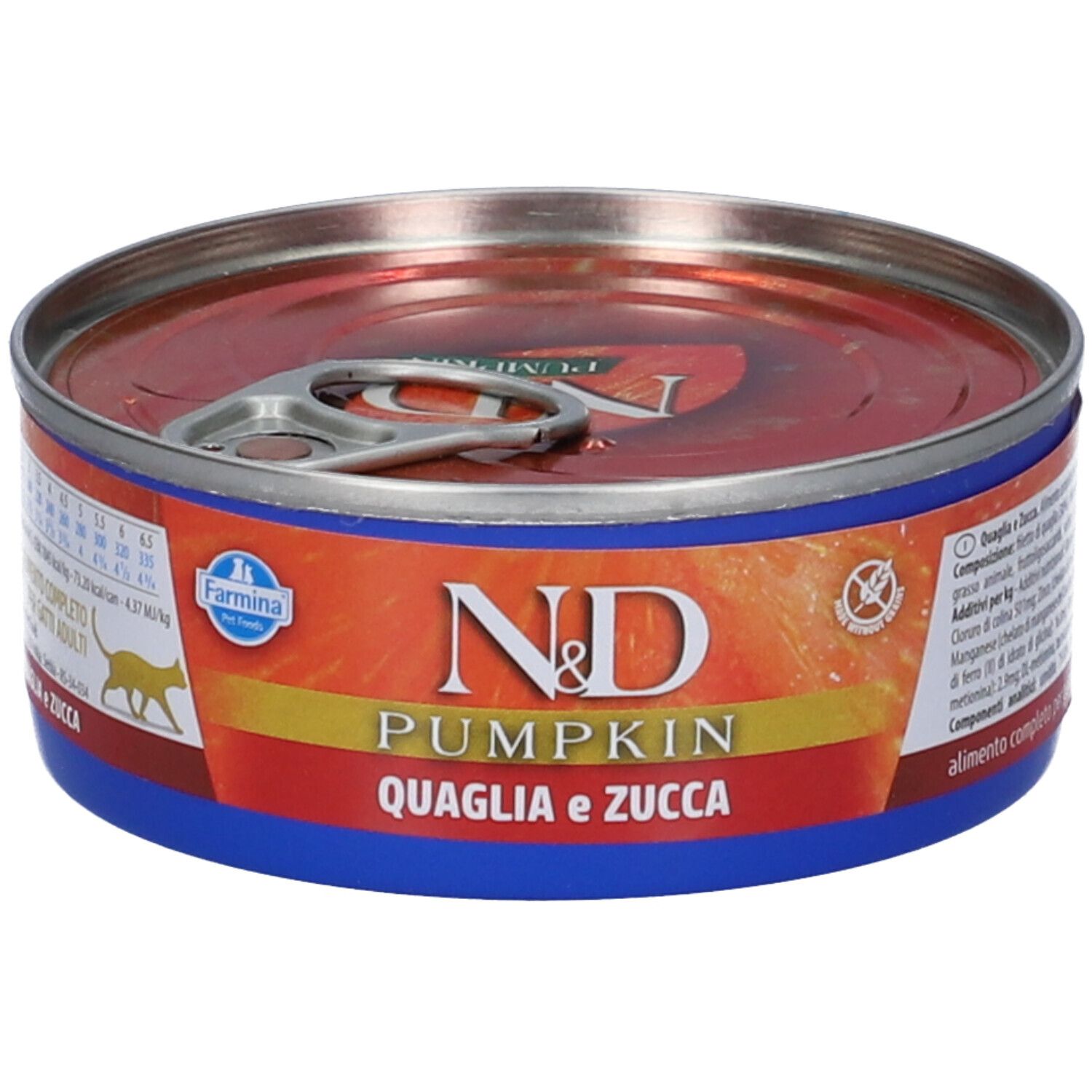 Runde Dose mit rotem Inhalt, blauem Rand und silbernem Deckel. Aufschrift: N&D Pumpkin, Quaglia e Zucca. Farmina Logo.