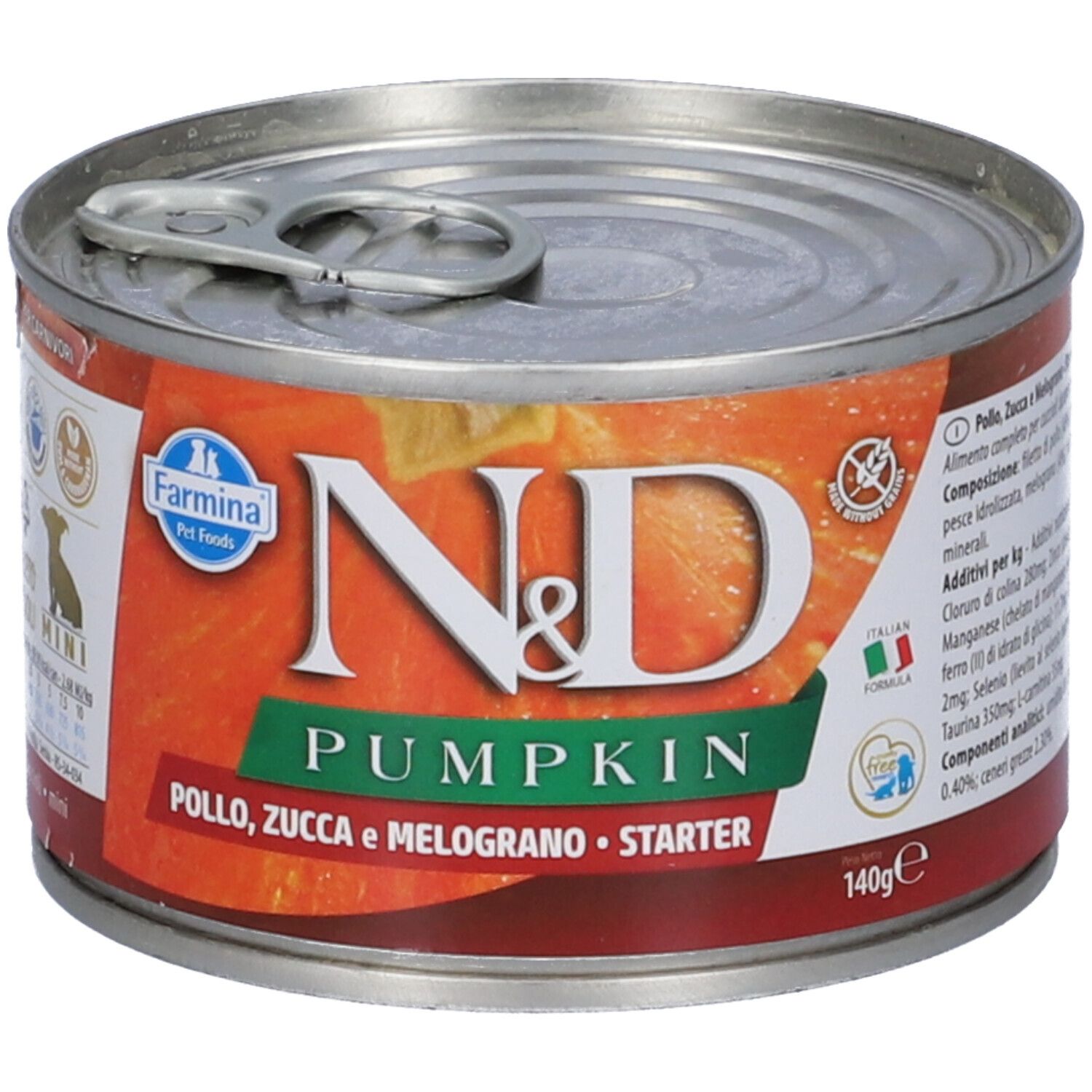 Konservendose mit Etikett. Aufschrift: N&D Pumpkin, Farmina, Pollo, Zucca e Melograno, Starter. 140g.