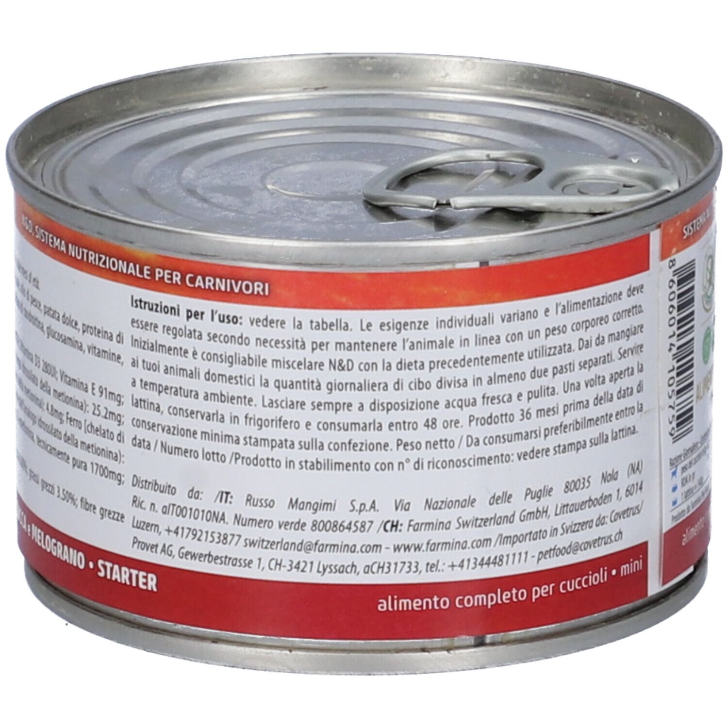 Rückseite einer Konservendose. Text: Anweisungen für die Verwendung, Inhaltsstoffe, Nährwertangaben. Farmina Pet Foods.