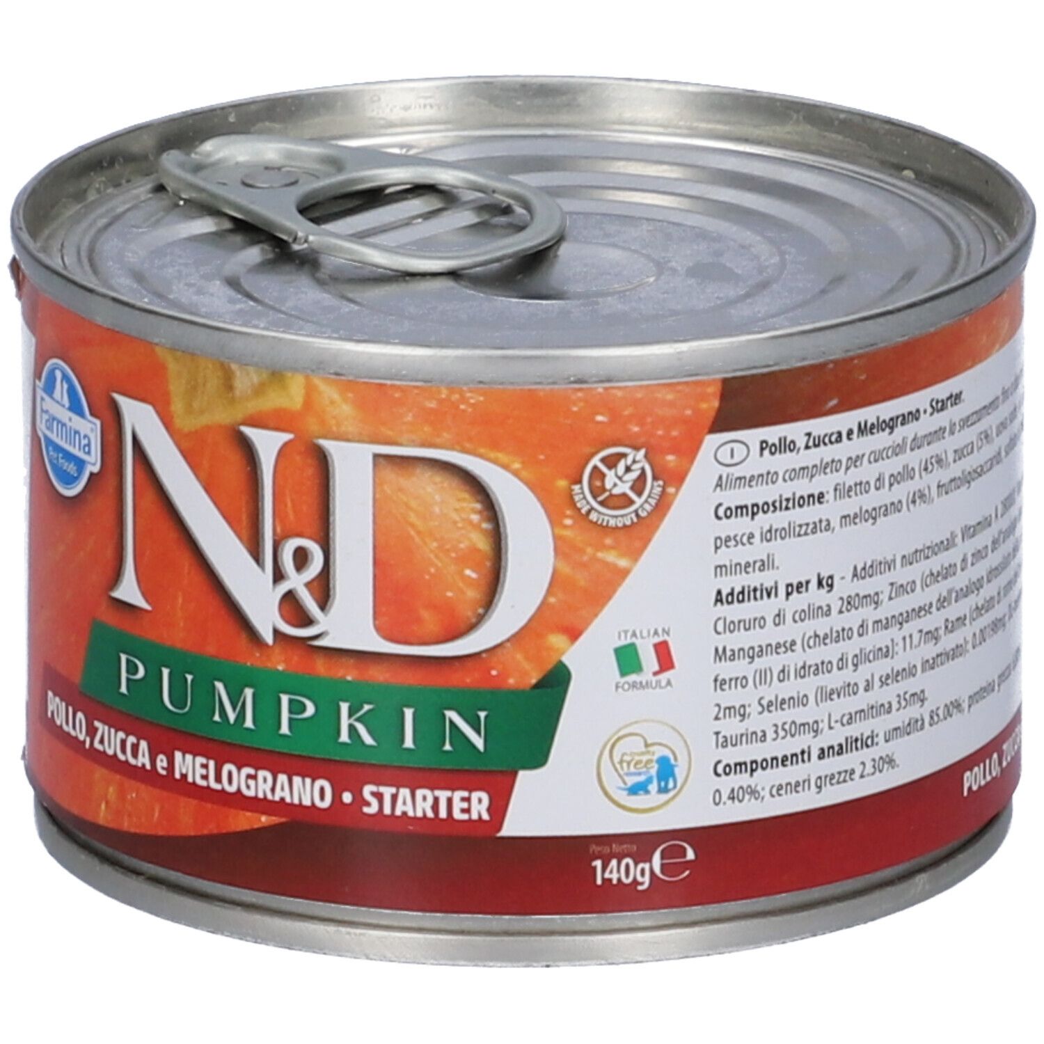 Konservendose mit Etikett. Aufschrift: N&D Pumpkin, Farmina, Pollo, Zucca e Melograno, Starter. 140g. Italian Formula.