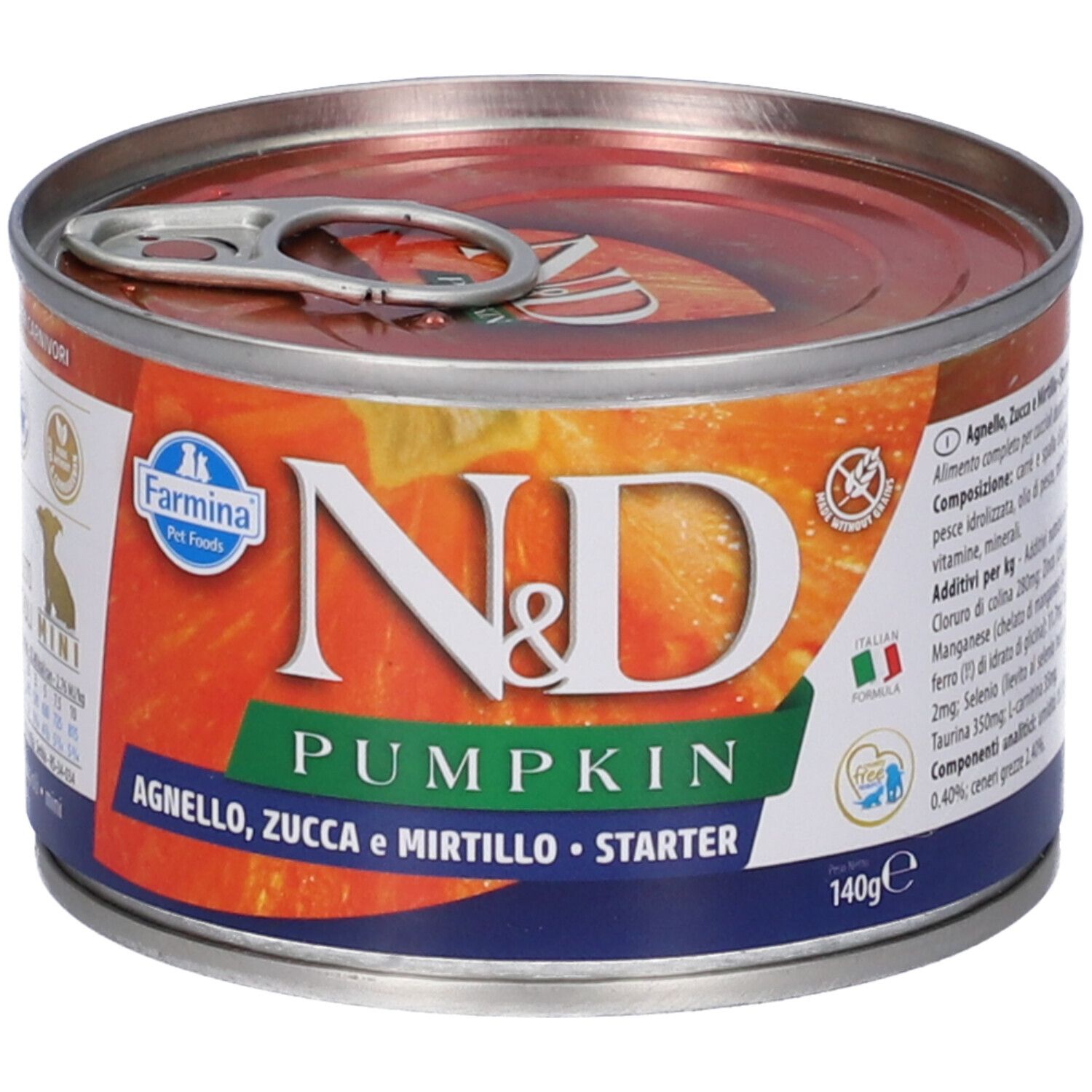Hundefutterdose mit Etikett. Aufschrift: N&D Pumpkin, Agnelo, Zucca e Mirtillo. Mini Starter. 140g.
