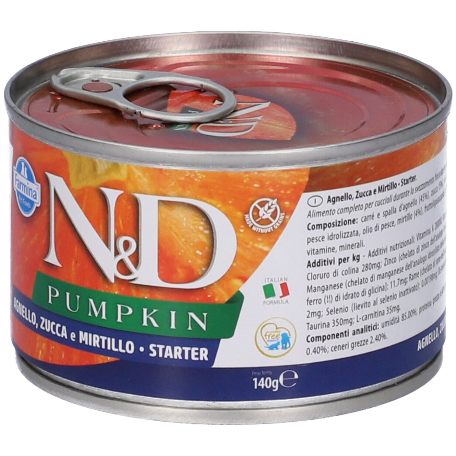 Hundefutterdose mit Etikett. Aufschrift: N&D Pumpkin, Agnelo, Zucca e Mirtillo. Mini Starter. 140g. Inhaltsstoffe.