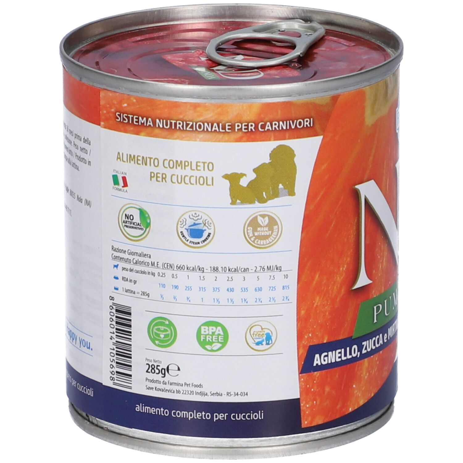 Retro della lattina con informazioni su Farmina N&D Pumpkin Starter. Contiene informazioni nutrizionali e certificazioni.