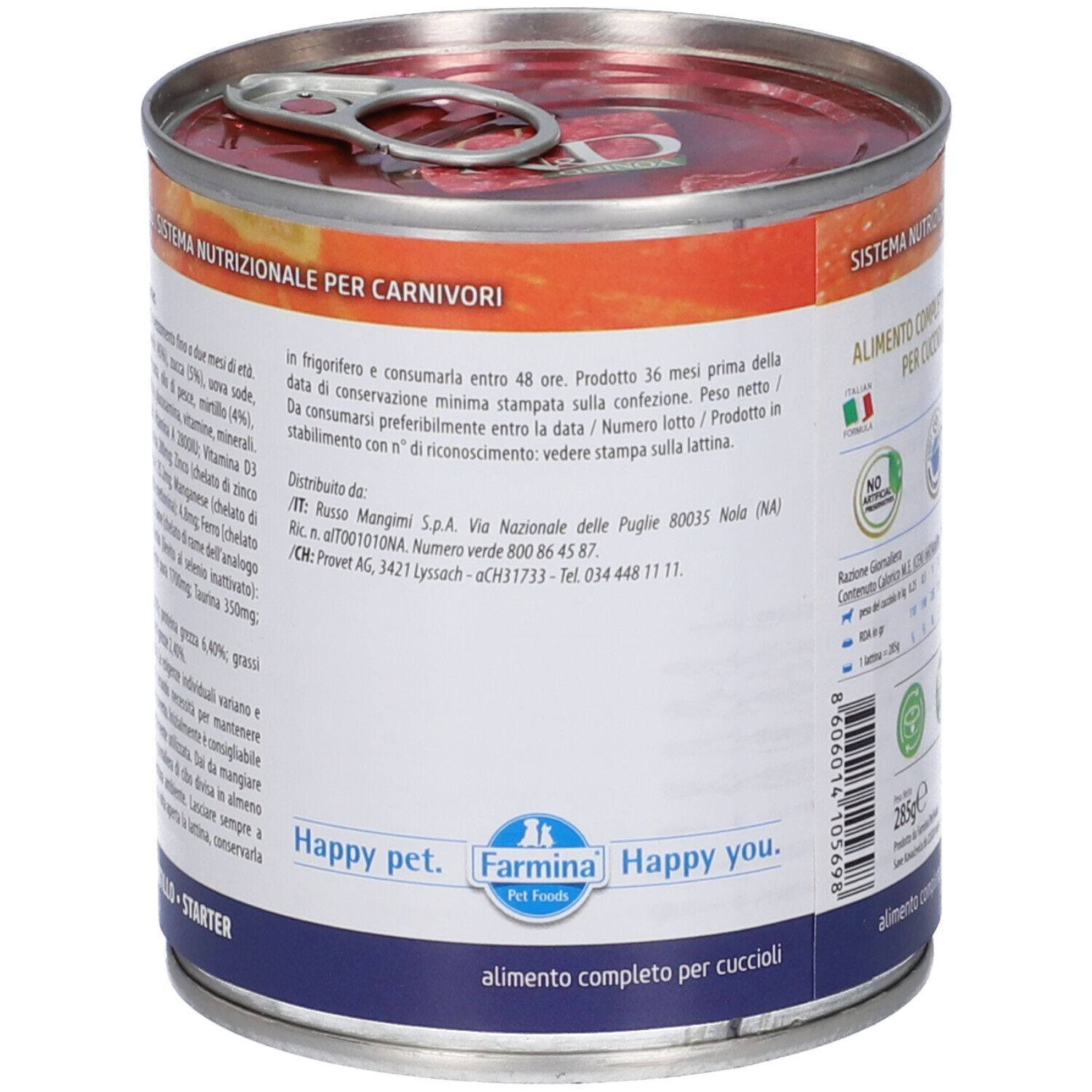 Retro della lattina con informazioni su Farmina N&D Pumpkin Starter. Contiene informazioni sugli ingredienti e sul produttore.