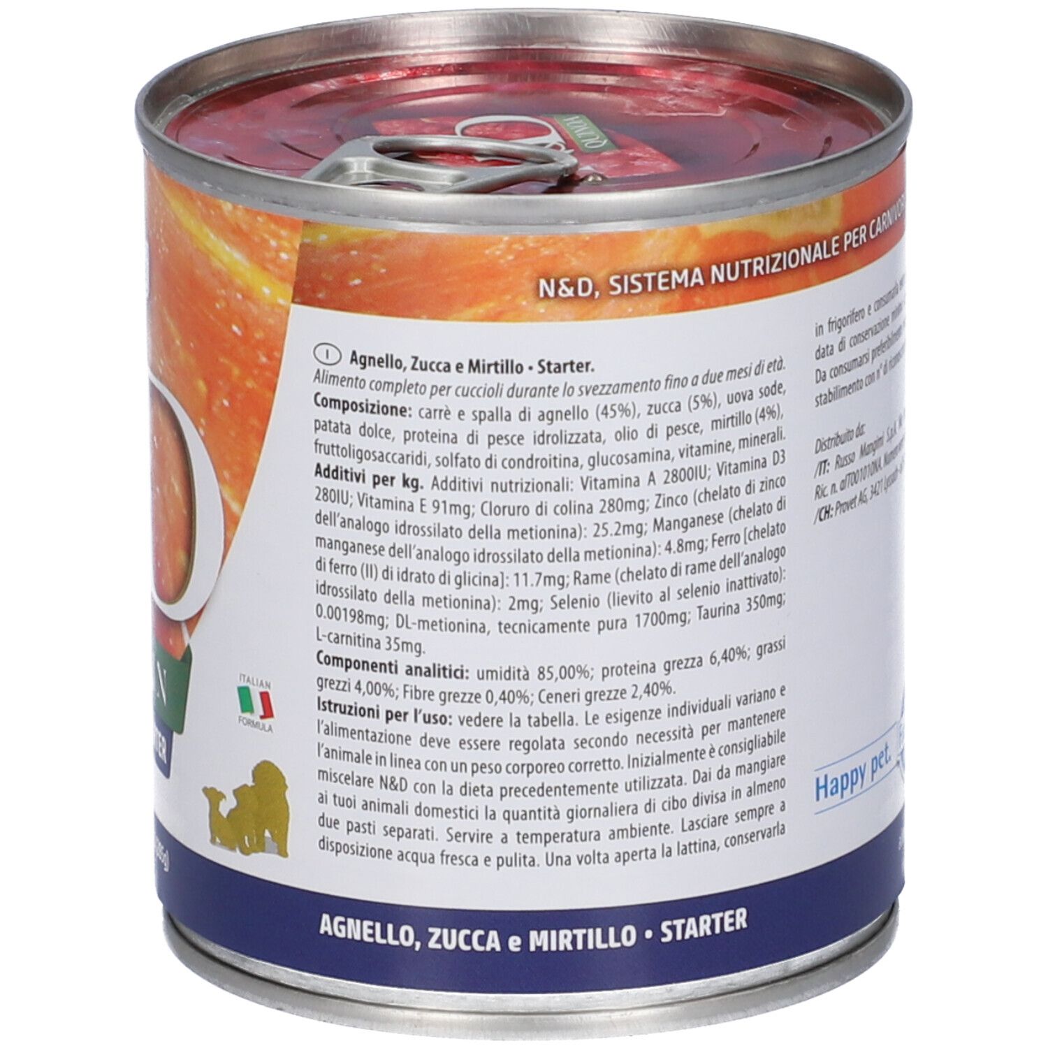 Retro della lattina con informazioni su Farmina N&D Pumpkin Starter. Contiene informazioni sugli ingredienti e l'analisi.