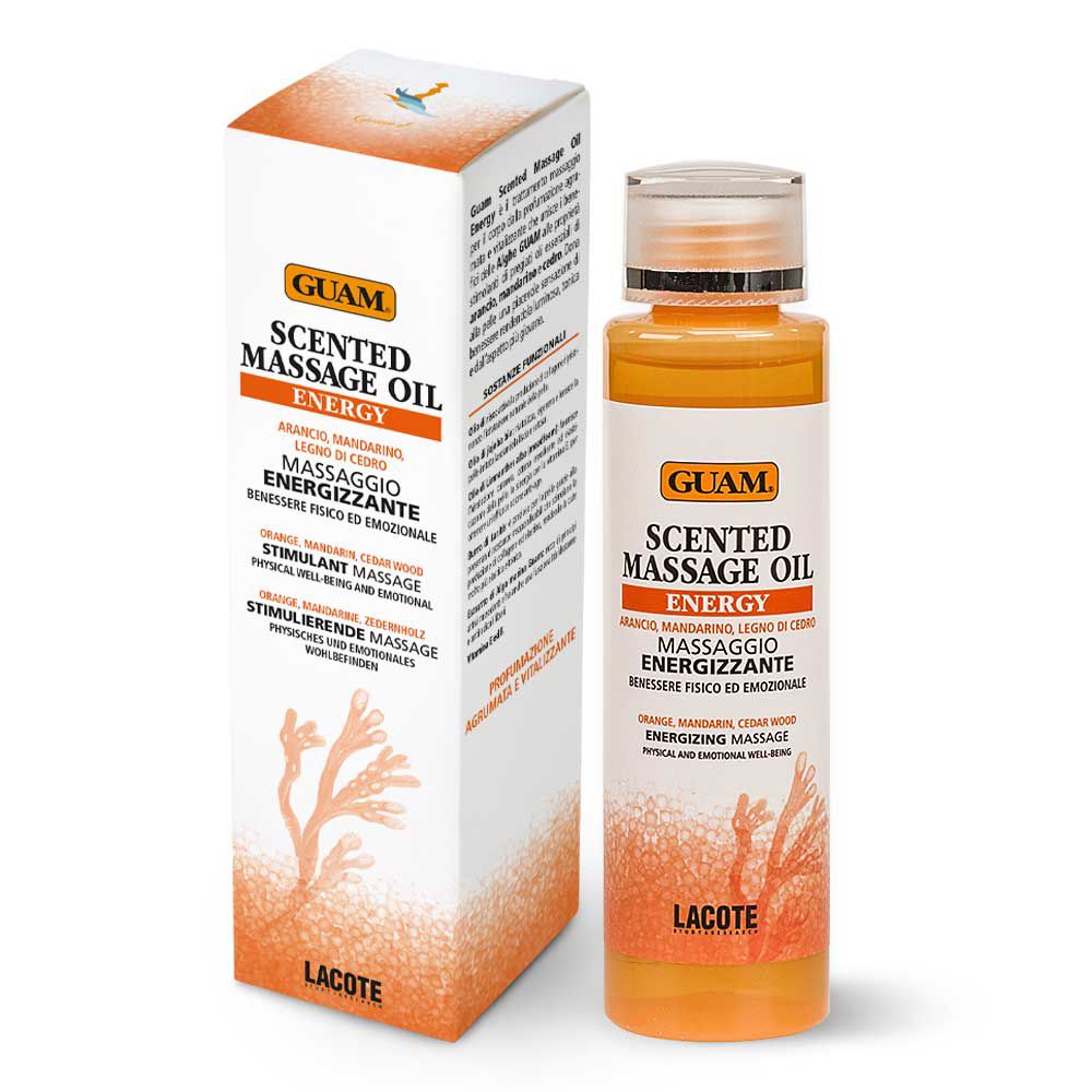 GUAM® Scented Massage Oil Energy. Flacone e confezione. Olio arancione. Testo: Olio massaggio, arancia, mandarino, legno di cedro.
