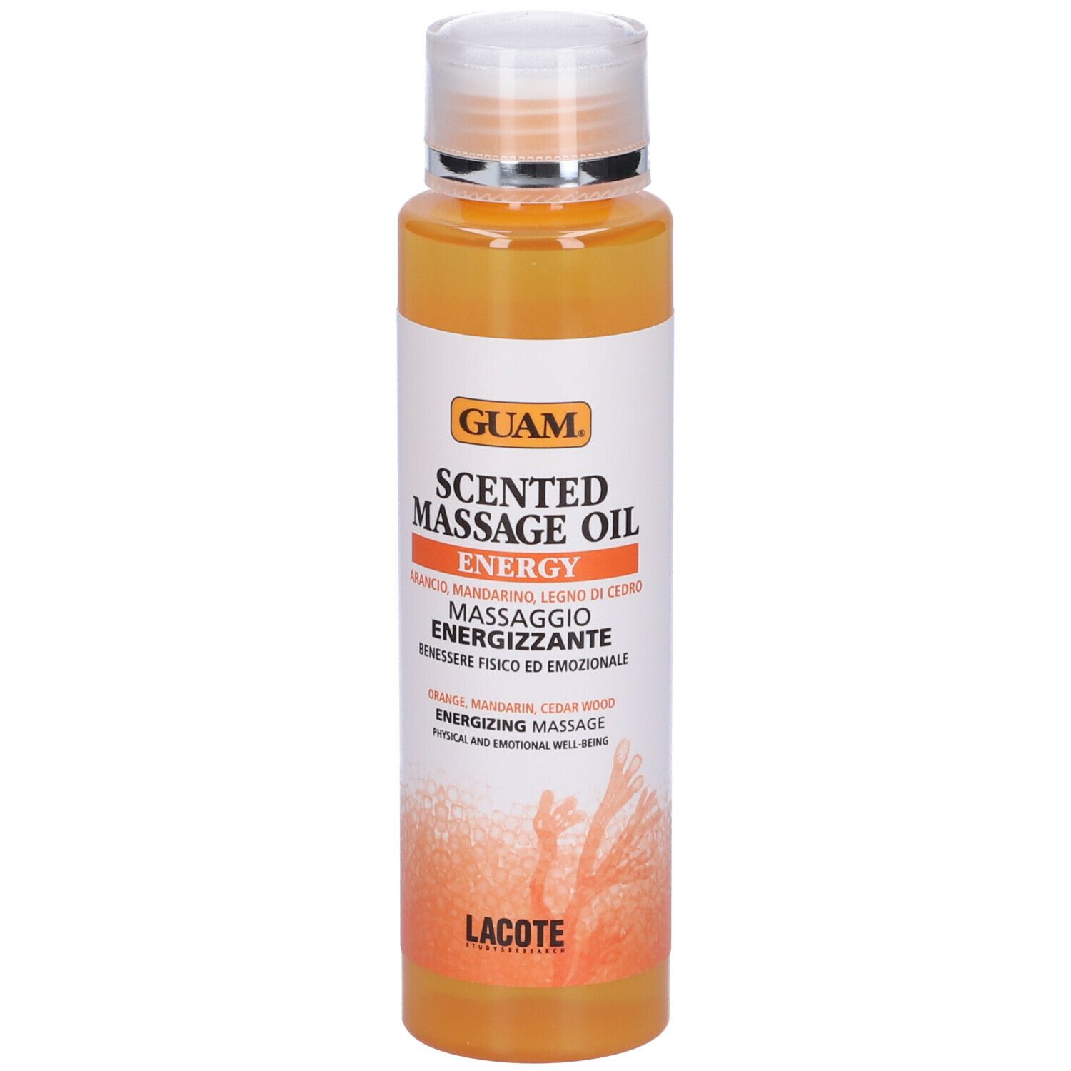 GUAM® Scented Massage Oil Energy. Flacone. Olio arancione. Testo: Olio massaggio, arancia, mandarino, legno di cedro. Logo Lacote.