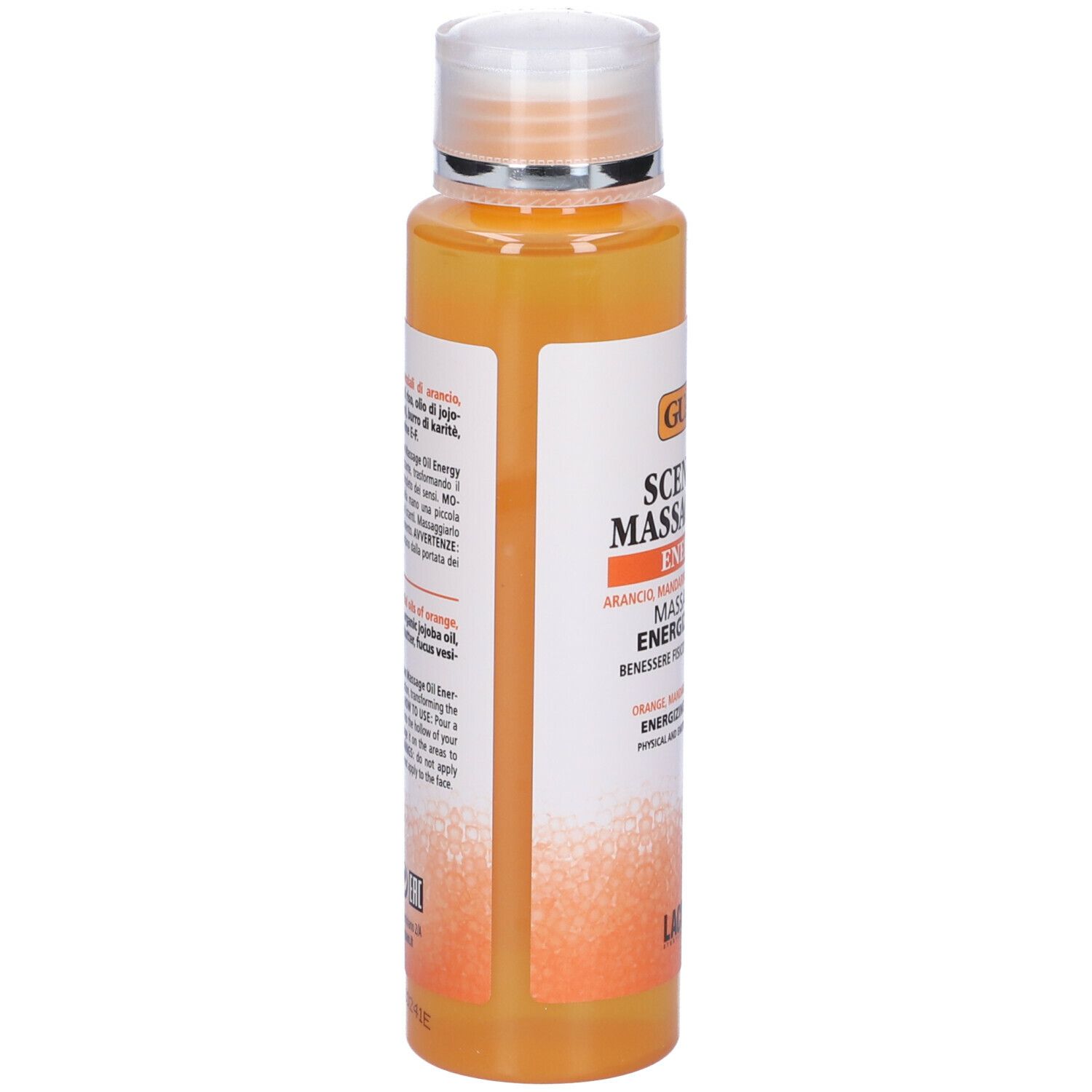 GUAM® Scented Massage Oil Energy. Flacone. Olio arancione. Testo: Olio massaggio, arancia, mandarino, legno di cedro. Logo Lacote.