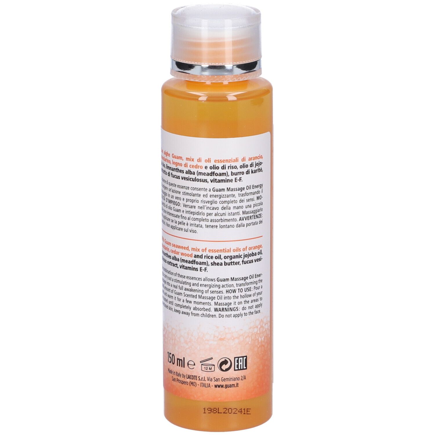 GUAM® Scented Massage Oil Energy. Flacone. Olio arancione. Testo sul retro. 150 ml. Codice EAN.