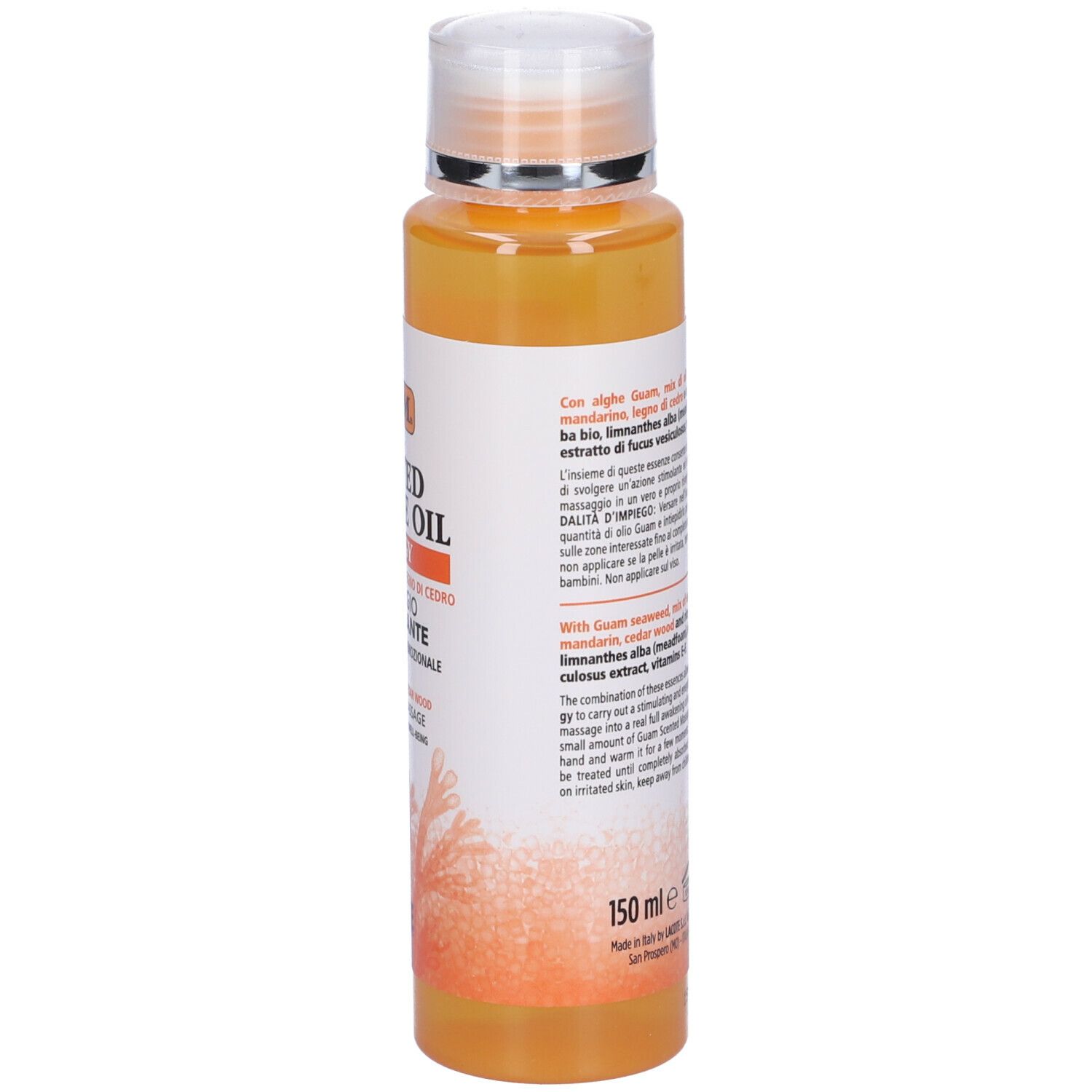 GUAM® Scented Massage Oil Energy. Flacone. Olio arancione. Testo sul retro. 150 ml. Codice EAN.