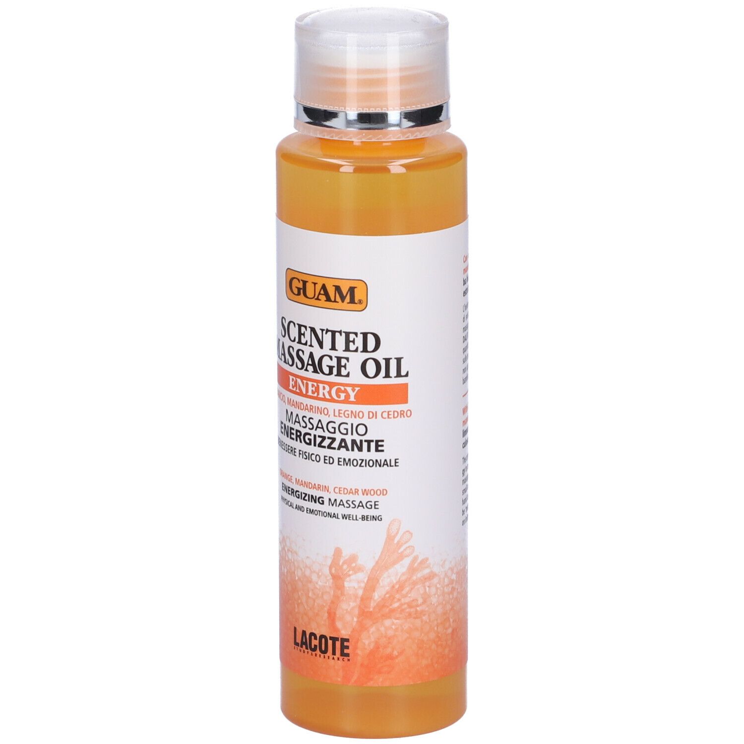 GUAM® Scented Massage Oil Energy. Flacone. Olio arancione. Testo: Olio massaggio, arancia, mandarino, legno di cedro. Logo Lacote.