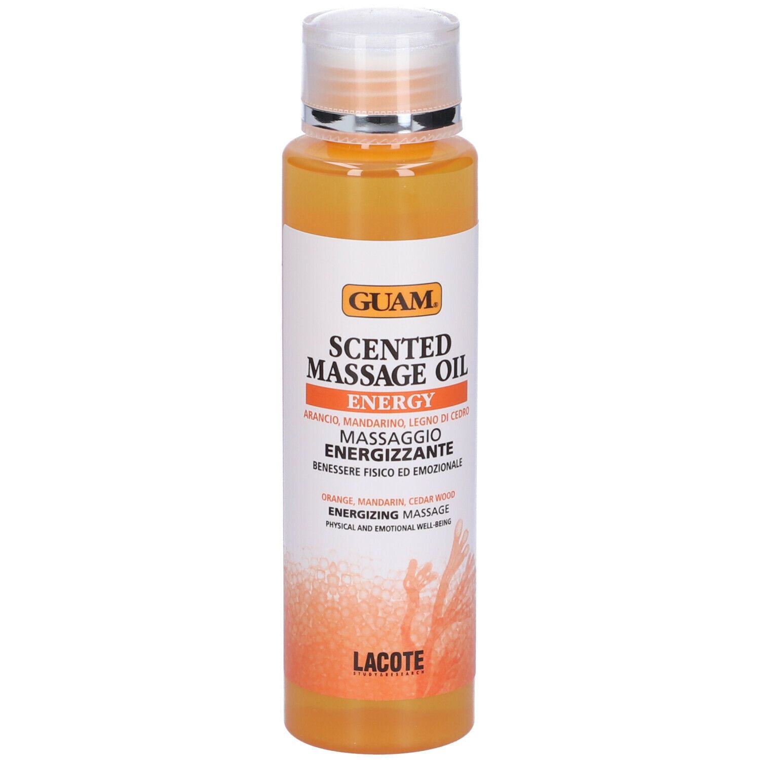 GUAM® Scented Massage Oil Energy. Flacone. Olio arancione. Testo: Olio massaggio, arancia, mandarino, legno di cedro. Logo Lacote.