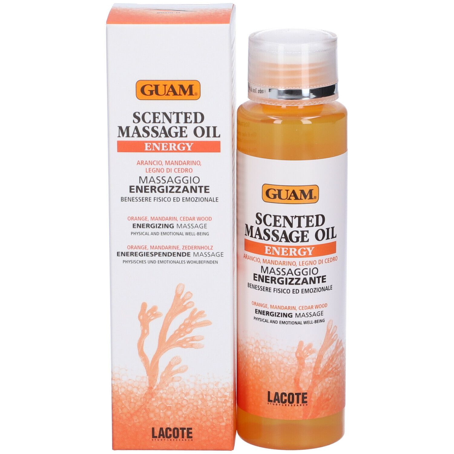 GUAM® Scented Massage Oil Energy. Flacone e confezione. Olio arancione. Testo: Olio massaggio, arancia, mandarino, legno di cedro.