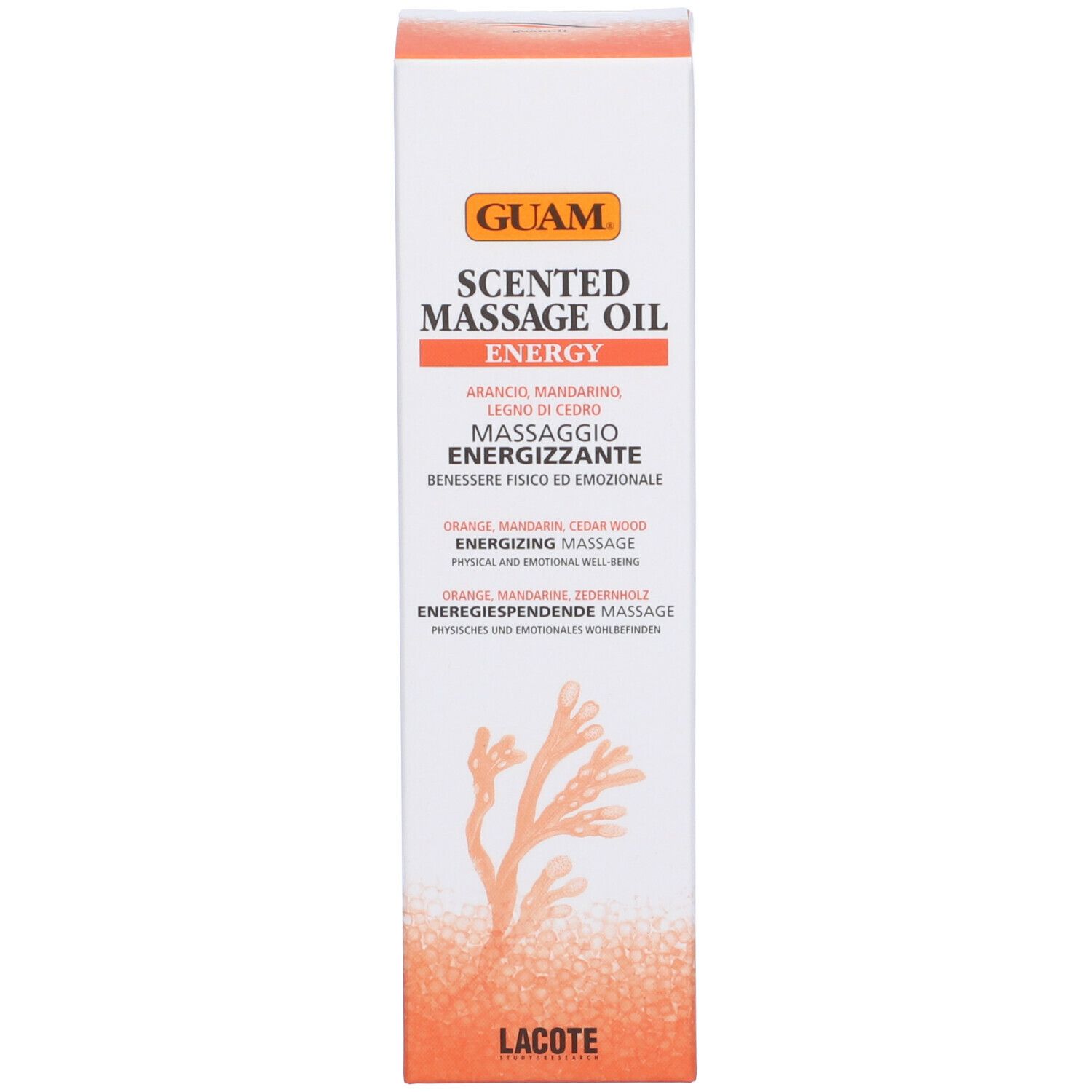 GUAM® Scented Massage Oil Energy. Confezione. Testo: Olio massaggio, arancia, mandarino, legno di cedro. Logo Lacote.