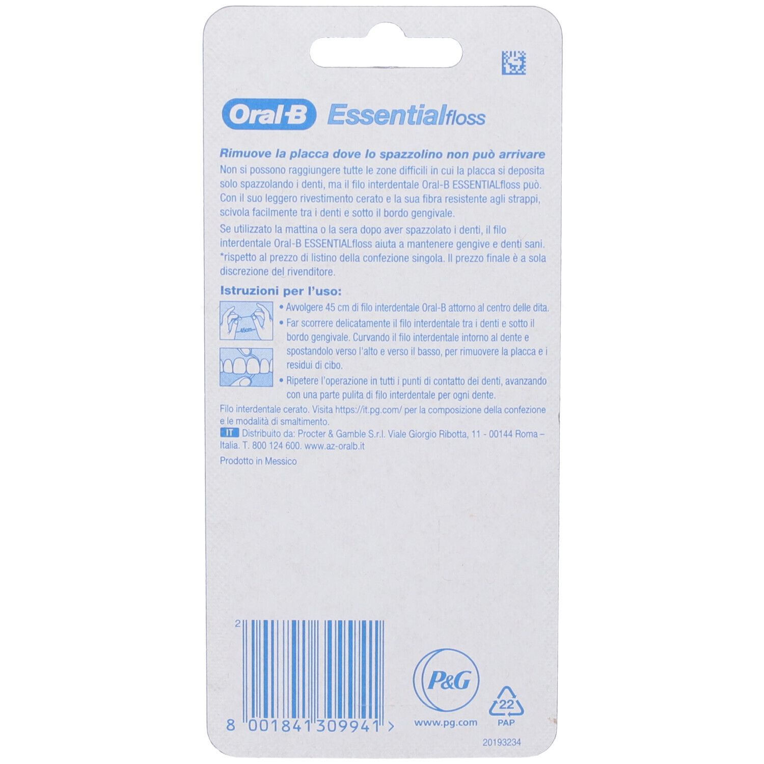 Rückseite der Blisterverpackung mit Text und Logo. Marke: Oral-B Essentialfloss. Anweisungen und Informationen zum Produkt.