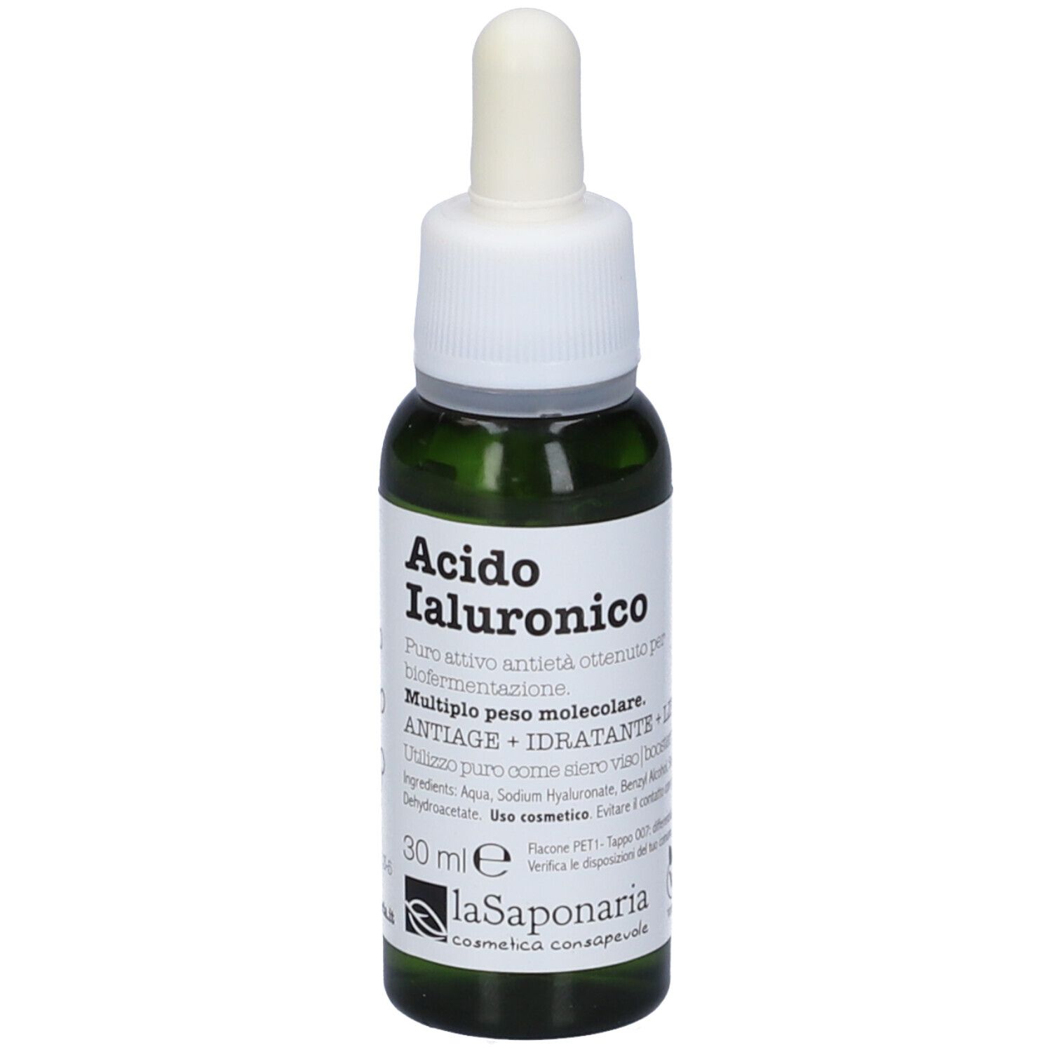 Flacone di vetro verde con tappo bianco e contagocce. Scritta: Acido Ialuronico, 30 ml. Marchio: La Saponaria.