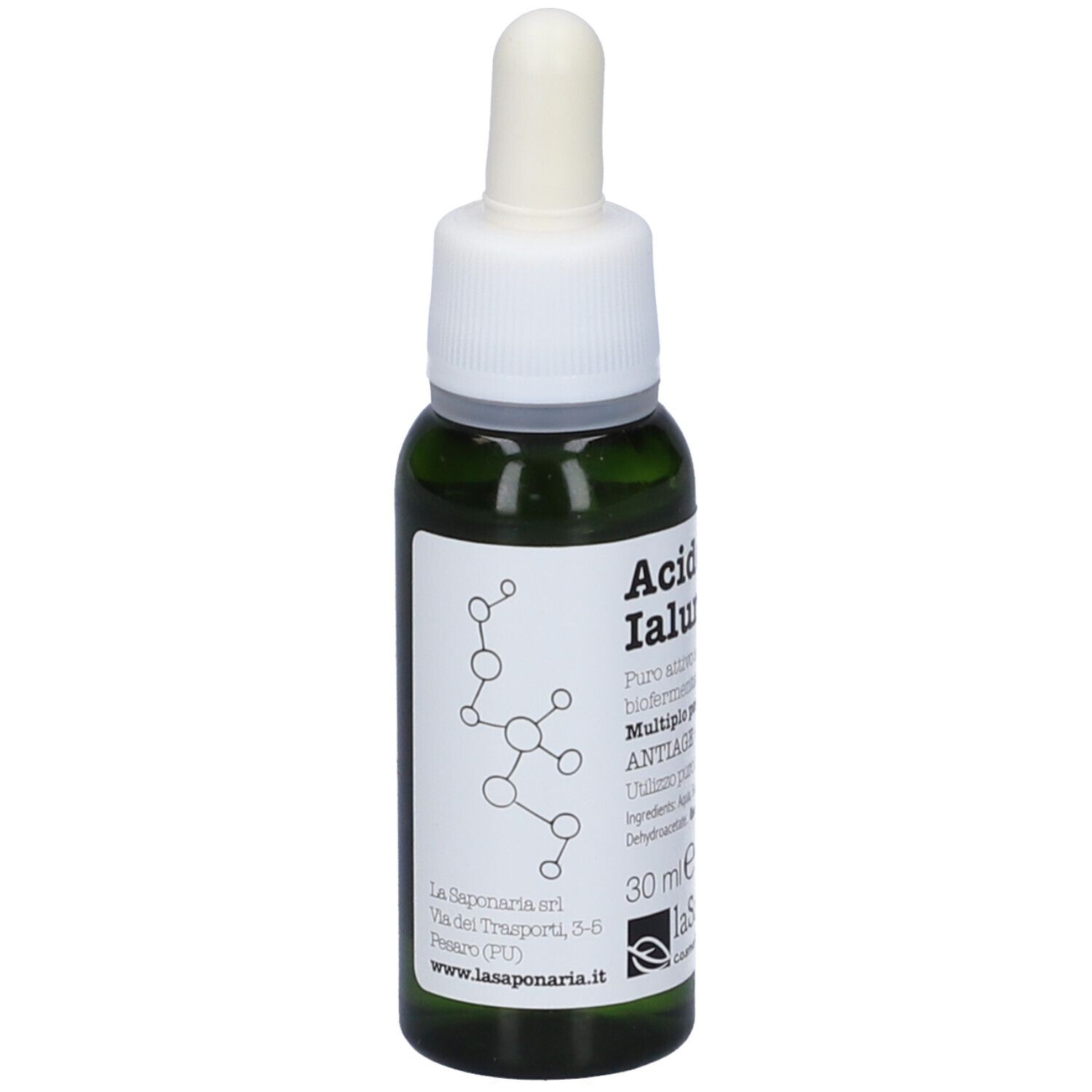 Flacone di vetro verde con tappo bianco e contagocce. Adesivo con struttura molecolare. Marchio: La Saponaria.