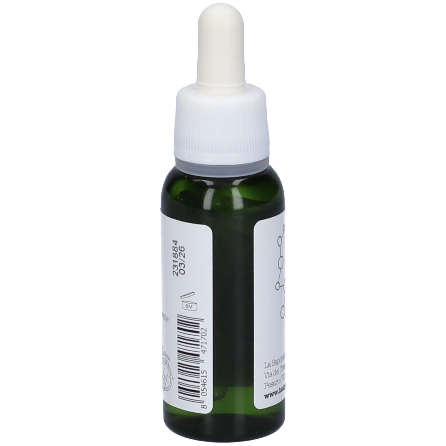 Flacone di vetro verde con tappo bianco e contagocce. Retro con codice a barre e informazioni. Marchio: La Saponaria.